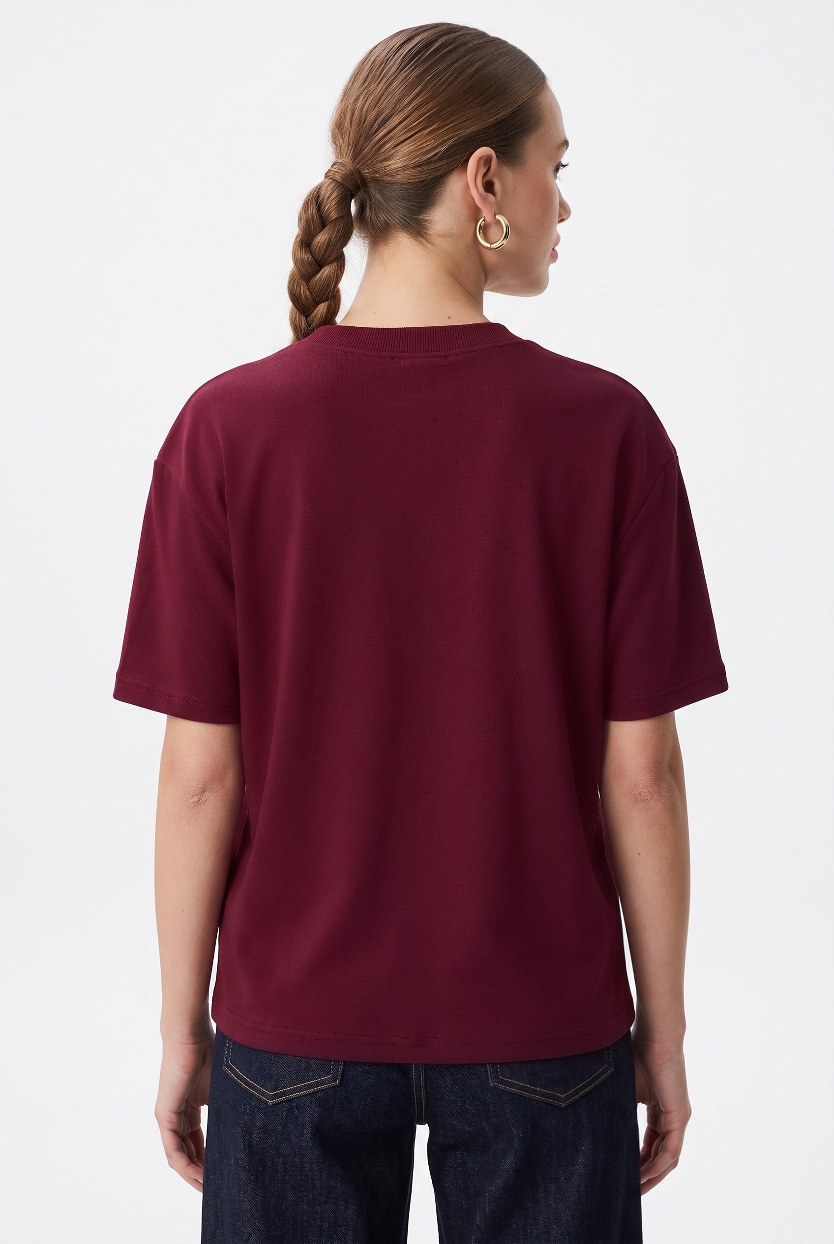 Kadın Rise Dekoratif Yaka Tok Doku %100 Pamuk Bordo T-Shirt