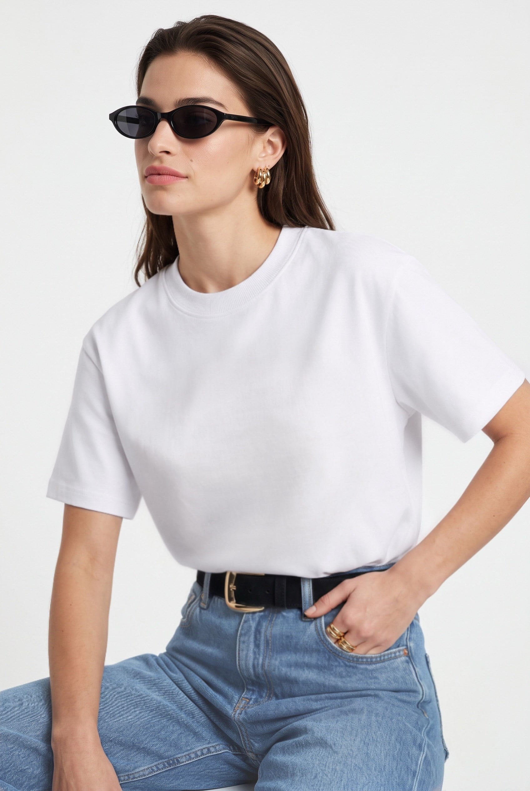 Kadın Rise Dekoratif Yaka Tok Doku %100 Pamuk Beyaz T-Shirt