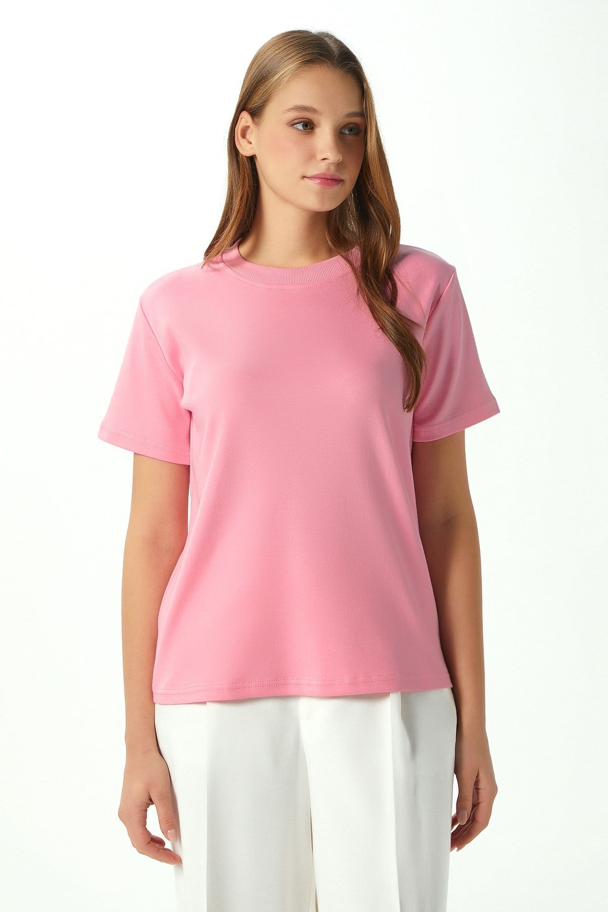 Kadın Rise Dekoratif Yaka Tok Doku %100 Pamuk Pembe T-Shirt