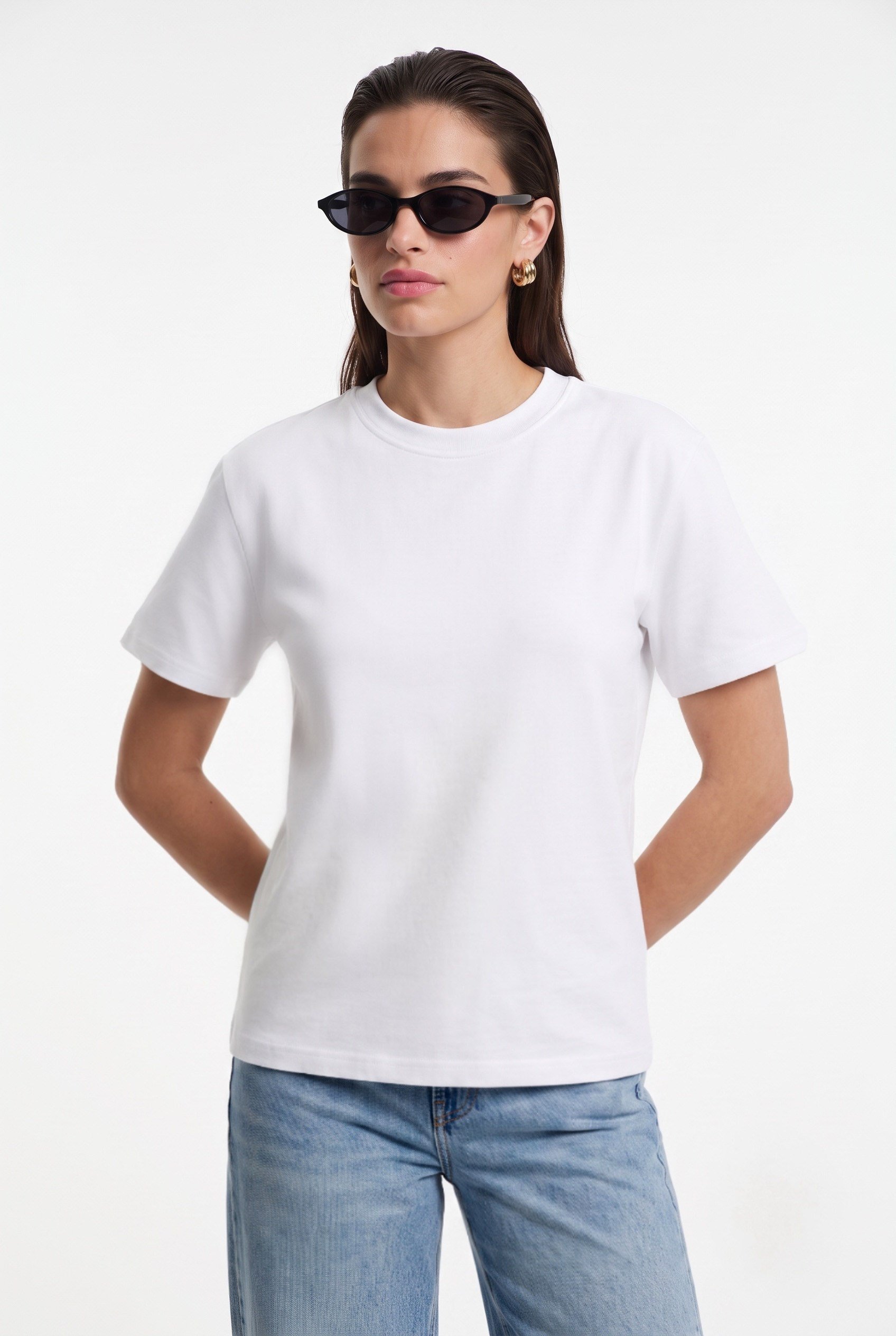 Kadın Rise Dekoratif Yaka Tok Doku %100 Pamuk Beyaz T-Shirt