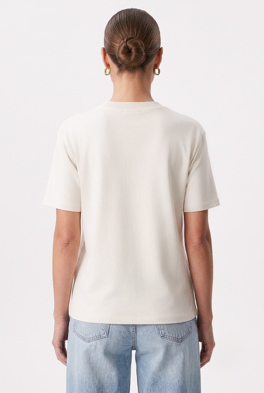 Kadın Rise Dekoratif Yaka Tok Doku %100 Pamuk Açık Bej T-Shirt