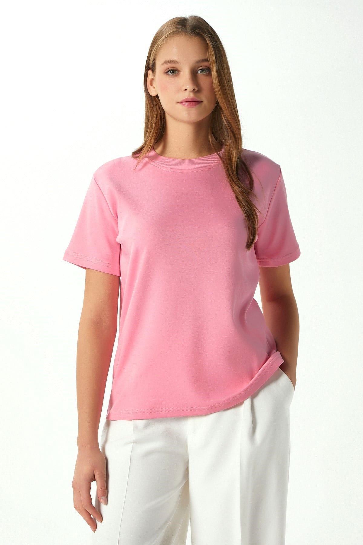 Kadın Rise Dekoratif Yaka Tok Doku %100 Pamuk Pembe T-Shirt