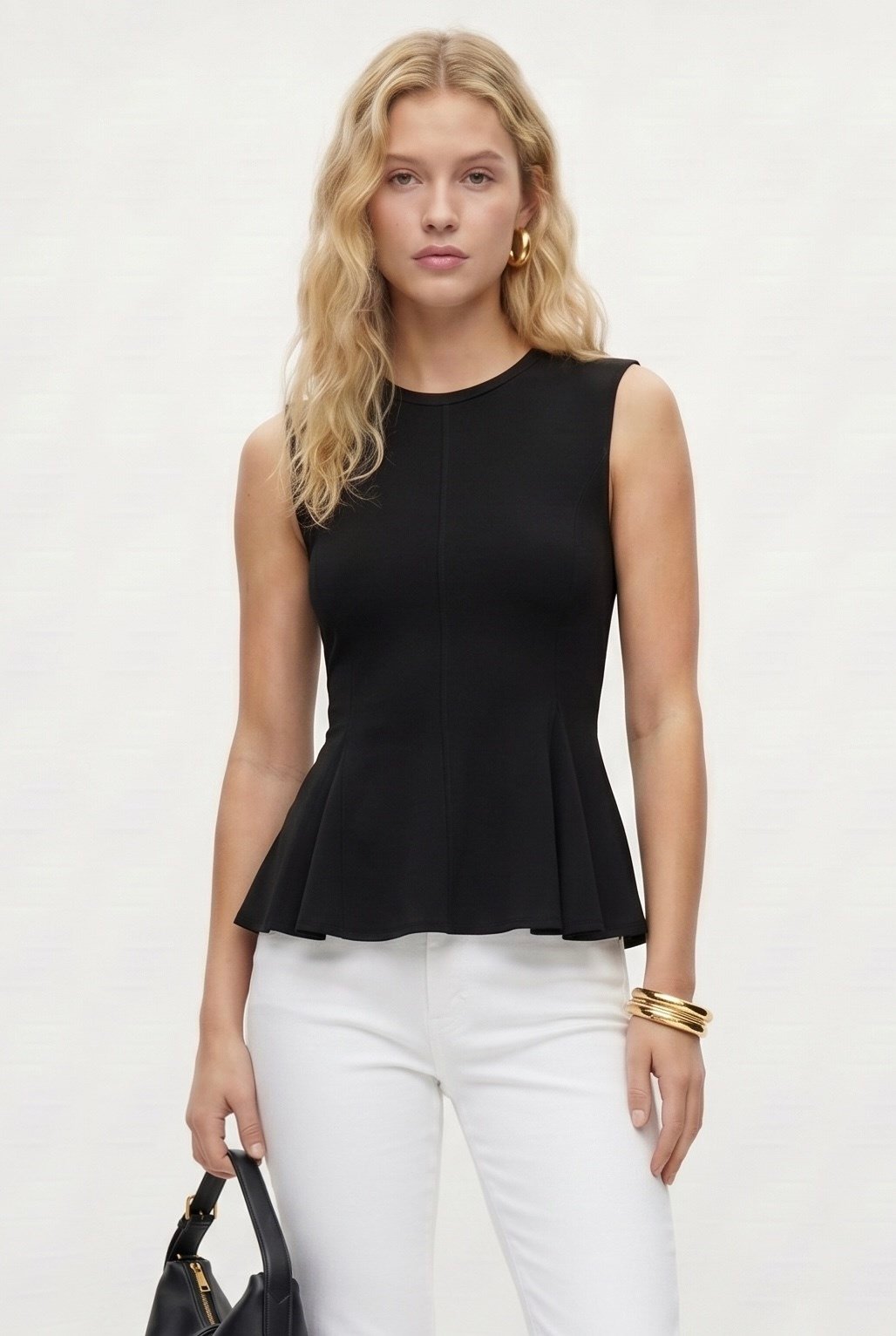 Kadın Rowe %100 Pamuk Peplum Sıfır Kol Siyah Bluz