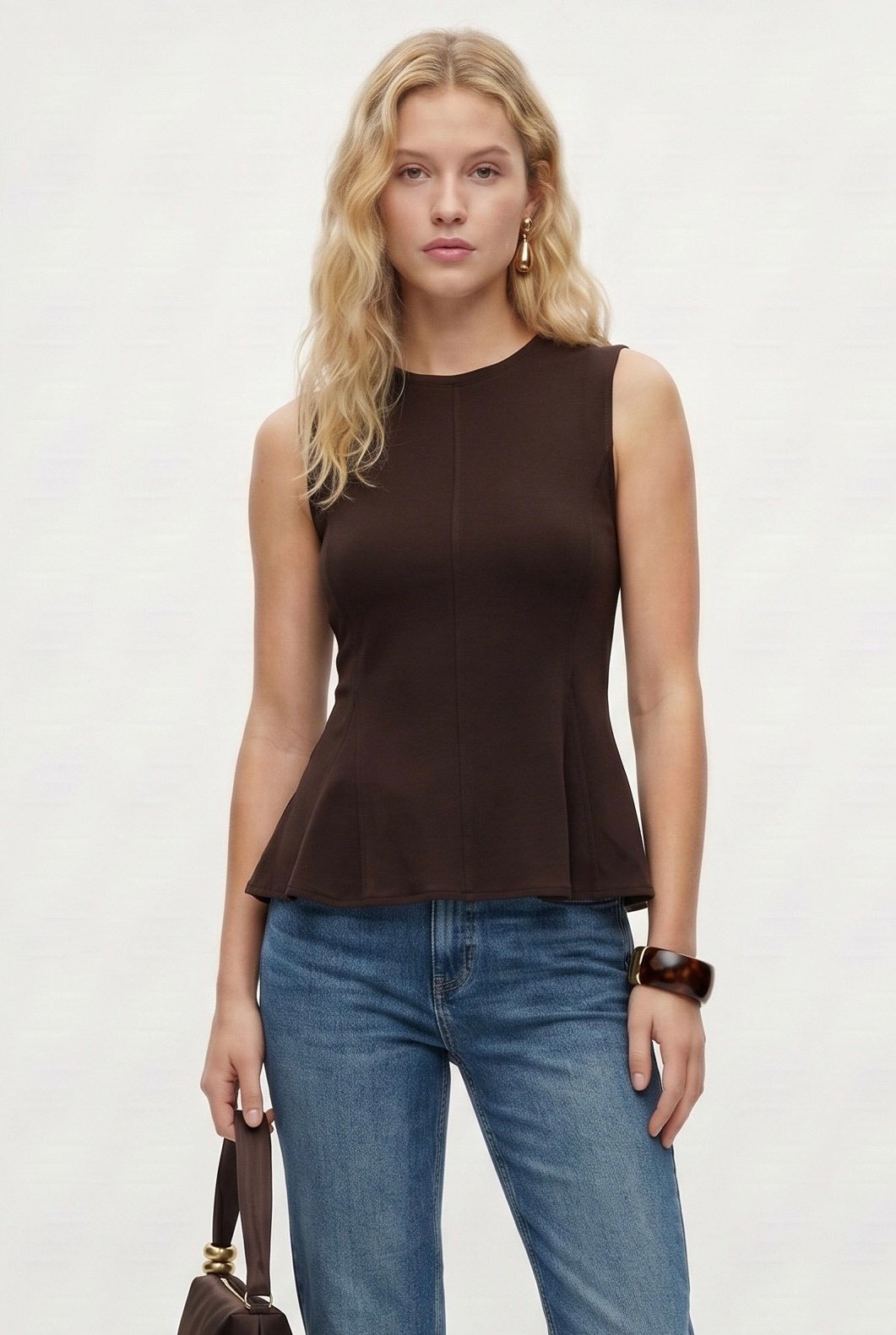 Kadın Rowe %100 Pamuk Peplum Sıfır Kol Kahverengi Bluz