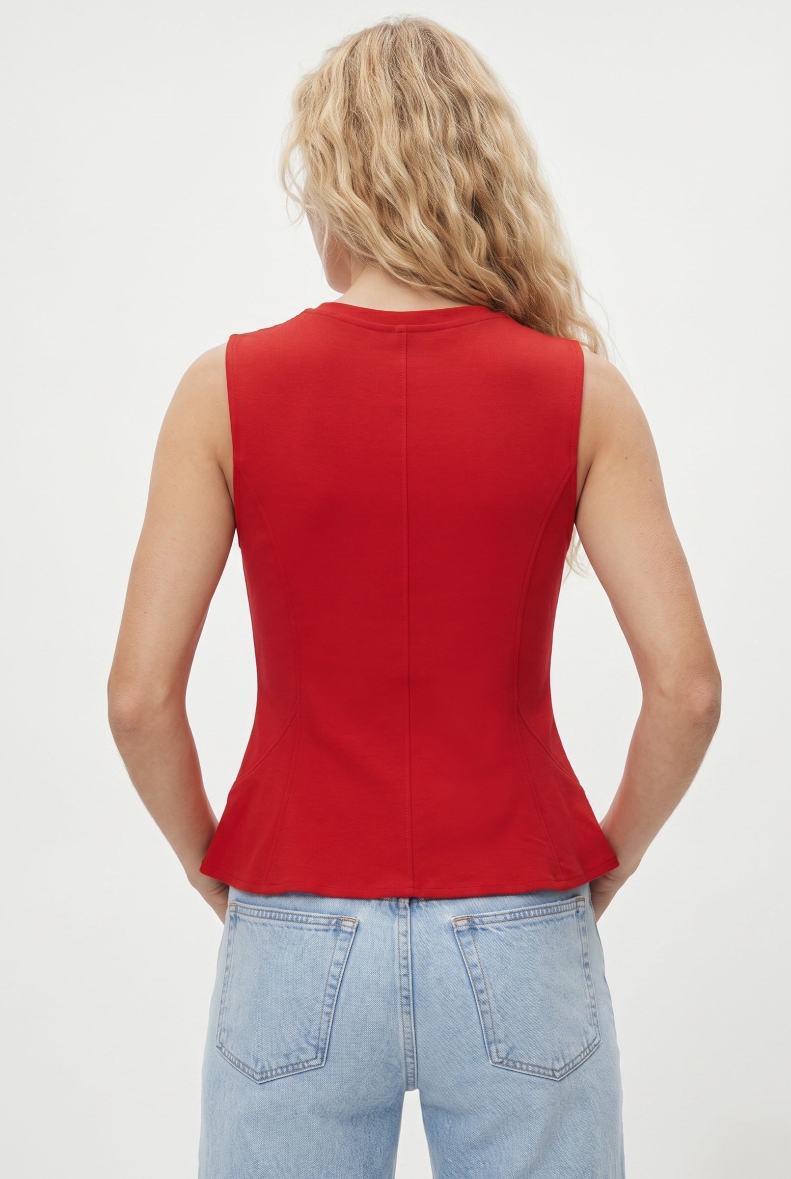 Kadın Rowe %100 Pamuk Peplum Sıfır Kol Kırmızı Bluz