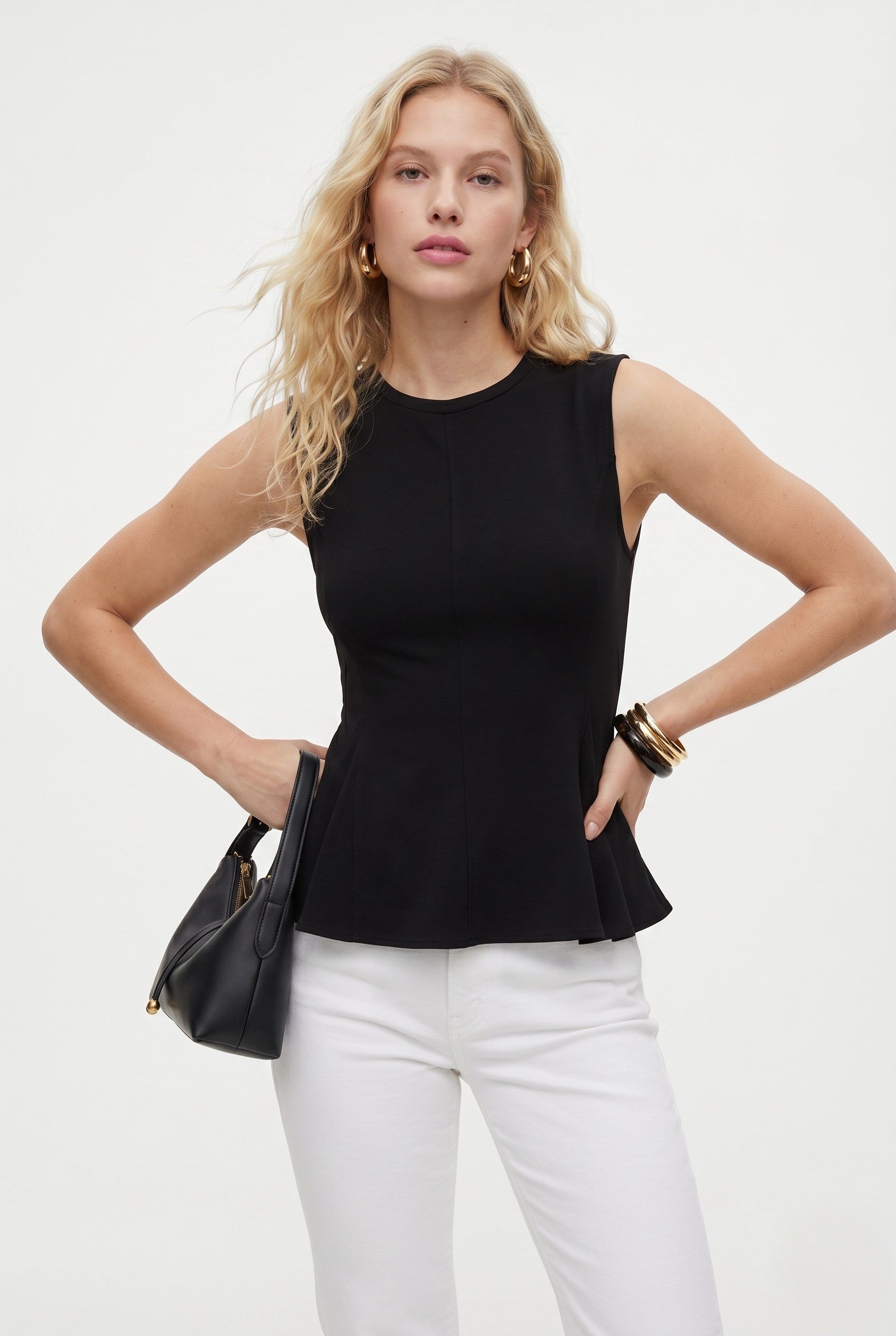 Kadın Rowe %100 Pamuk Peplum Sıfır Kol Siyah Bluz