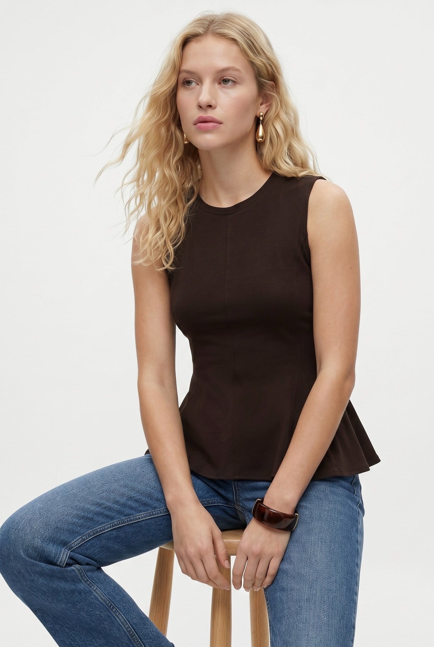 Kadın Rowe %100 Pamuk Peplum Sıfır Kol Kahverengi Bluz