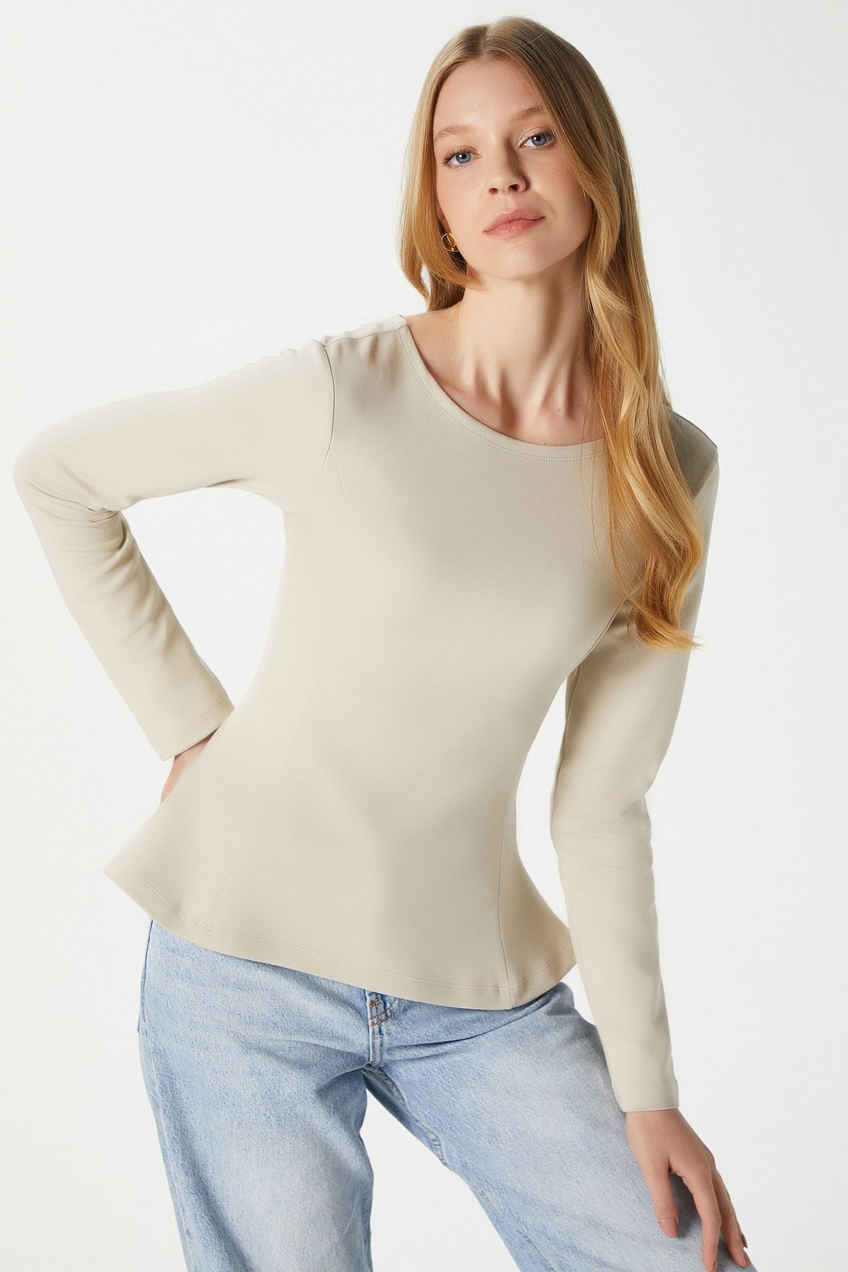 Kadın Runa Premium Bej Peplum Bluz