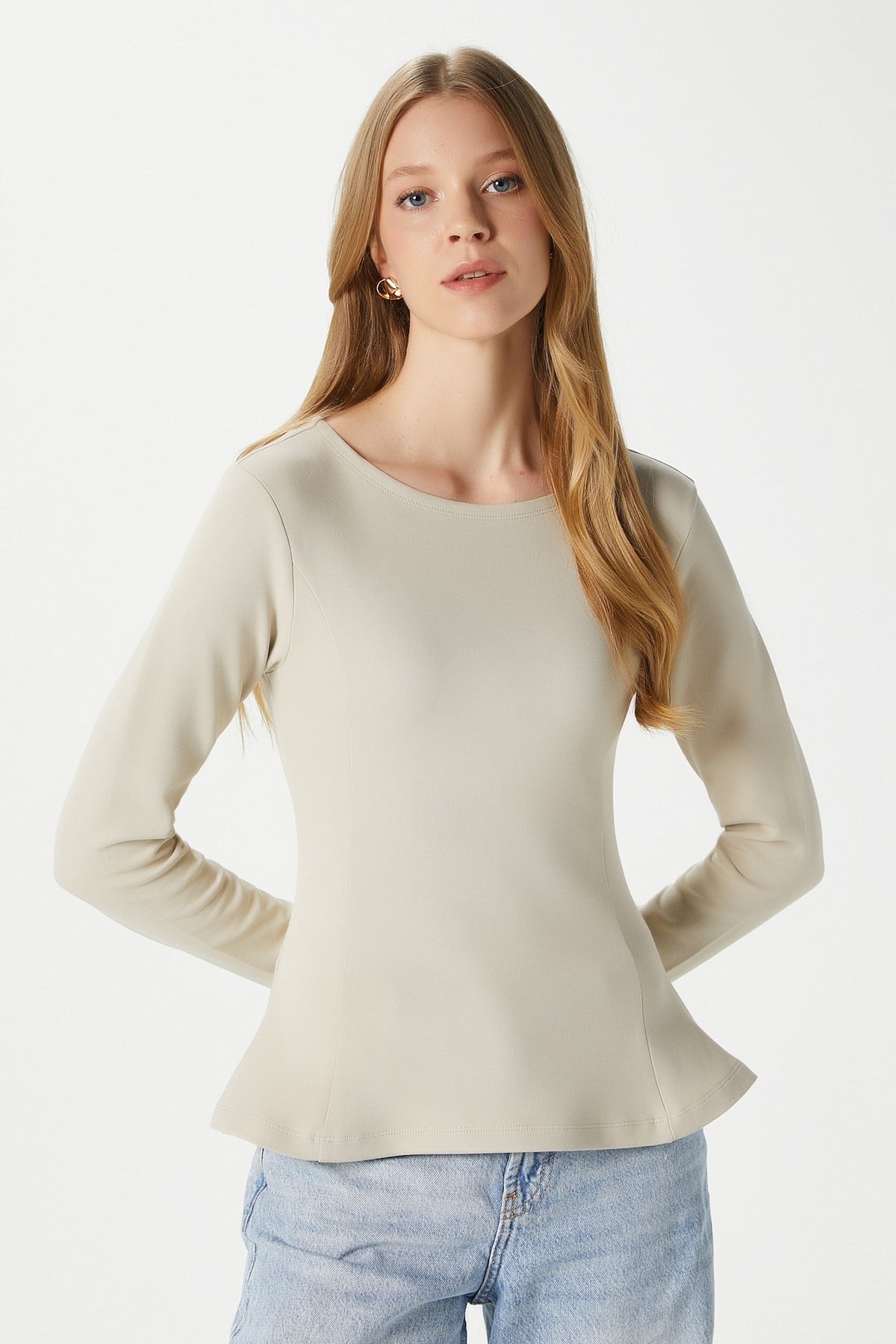 Kadın Runa Premium Bej Peplum Bluz