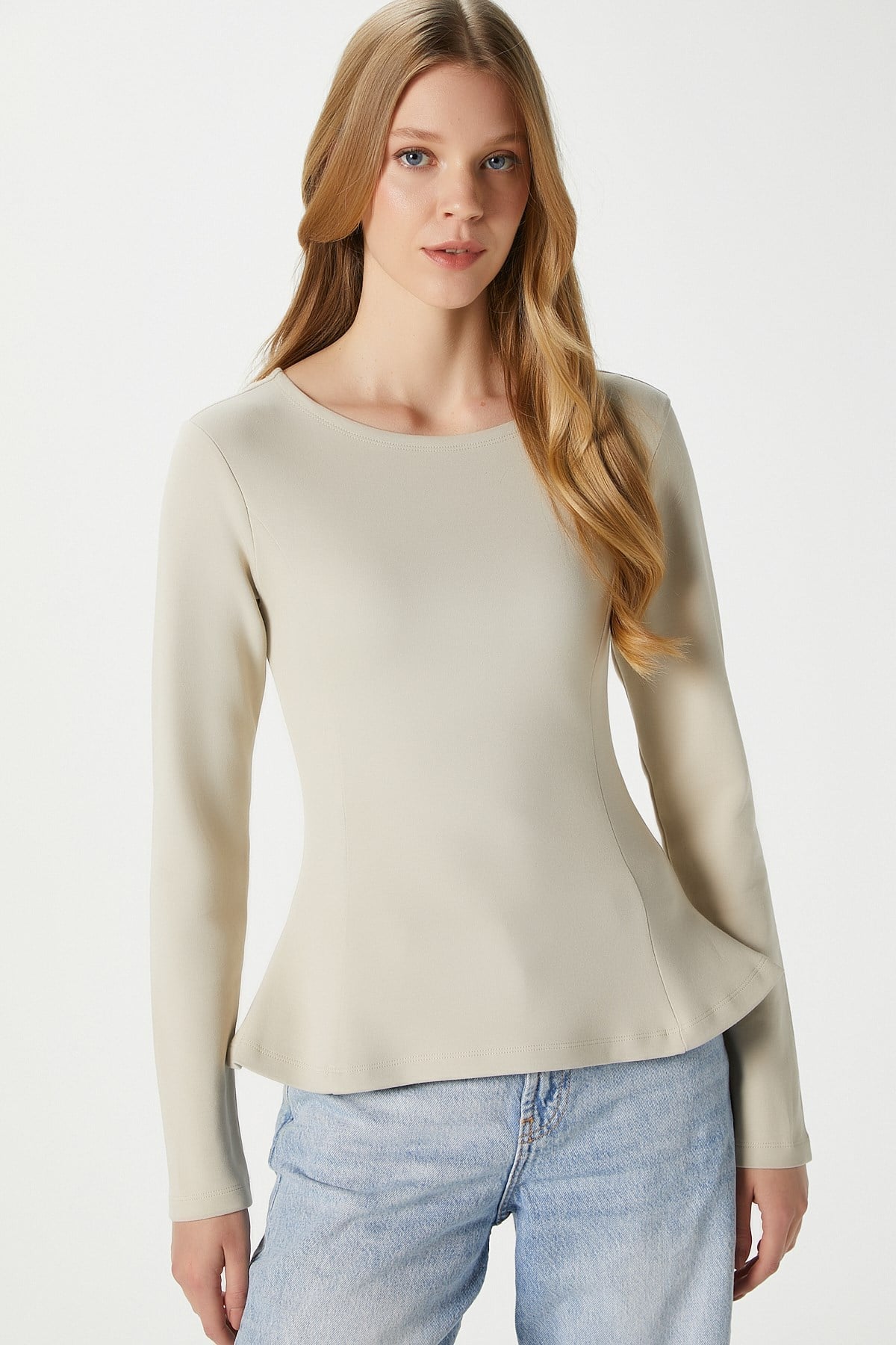 Kadın Runa Premium Bej Peplum Bluz