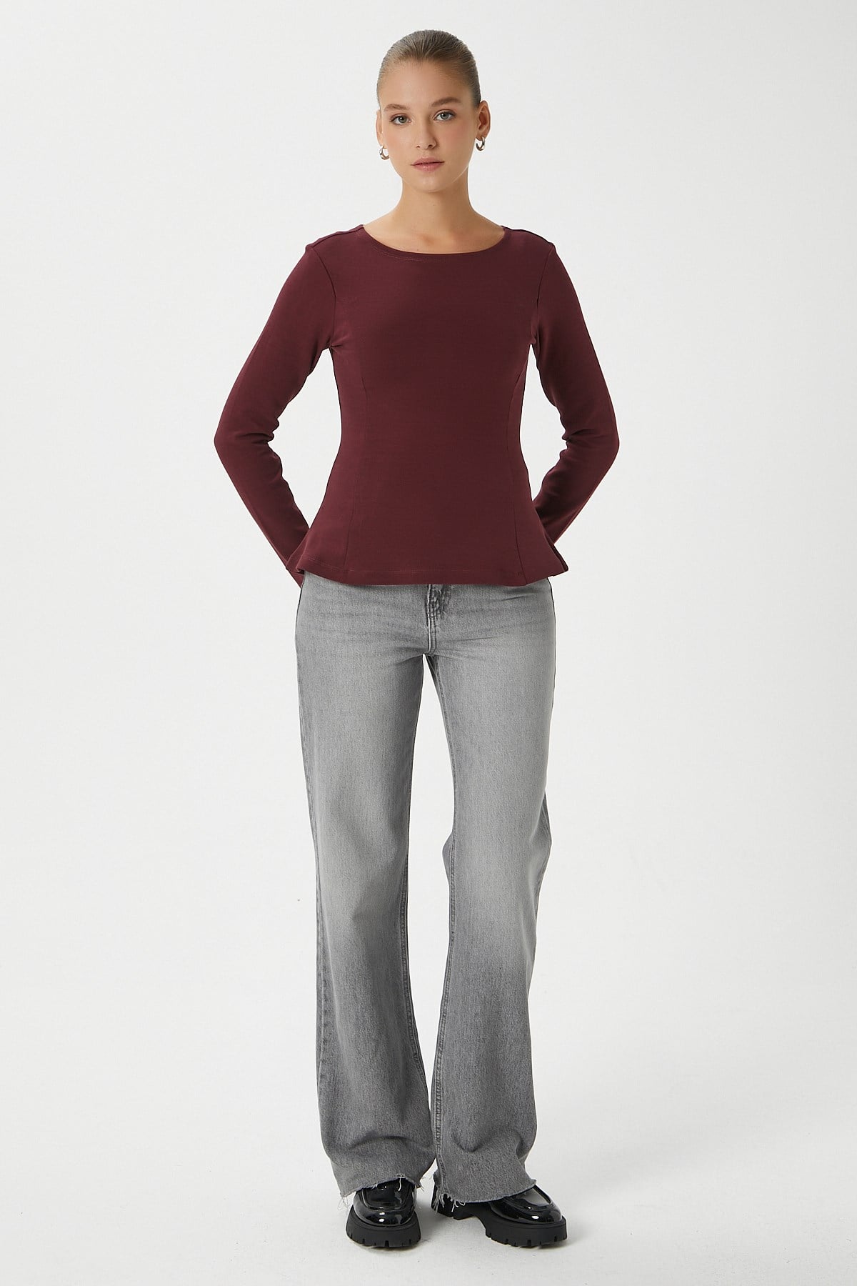 Kadın Runa Premium Bordo Peplum Bluz
