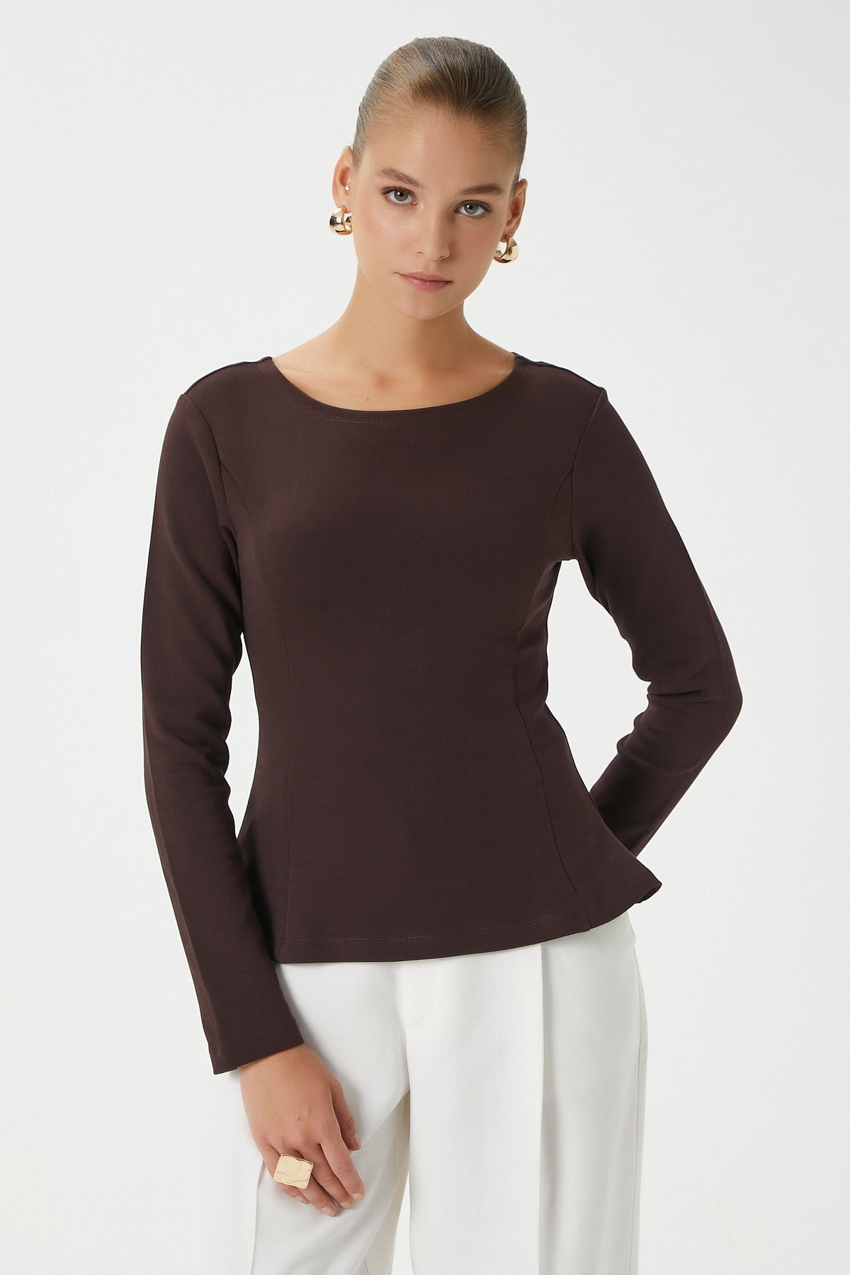 Kadın Runa Premium Kahverengi Peplum Bluz