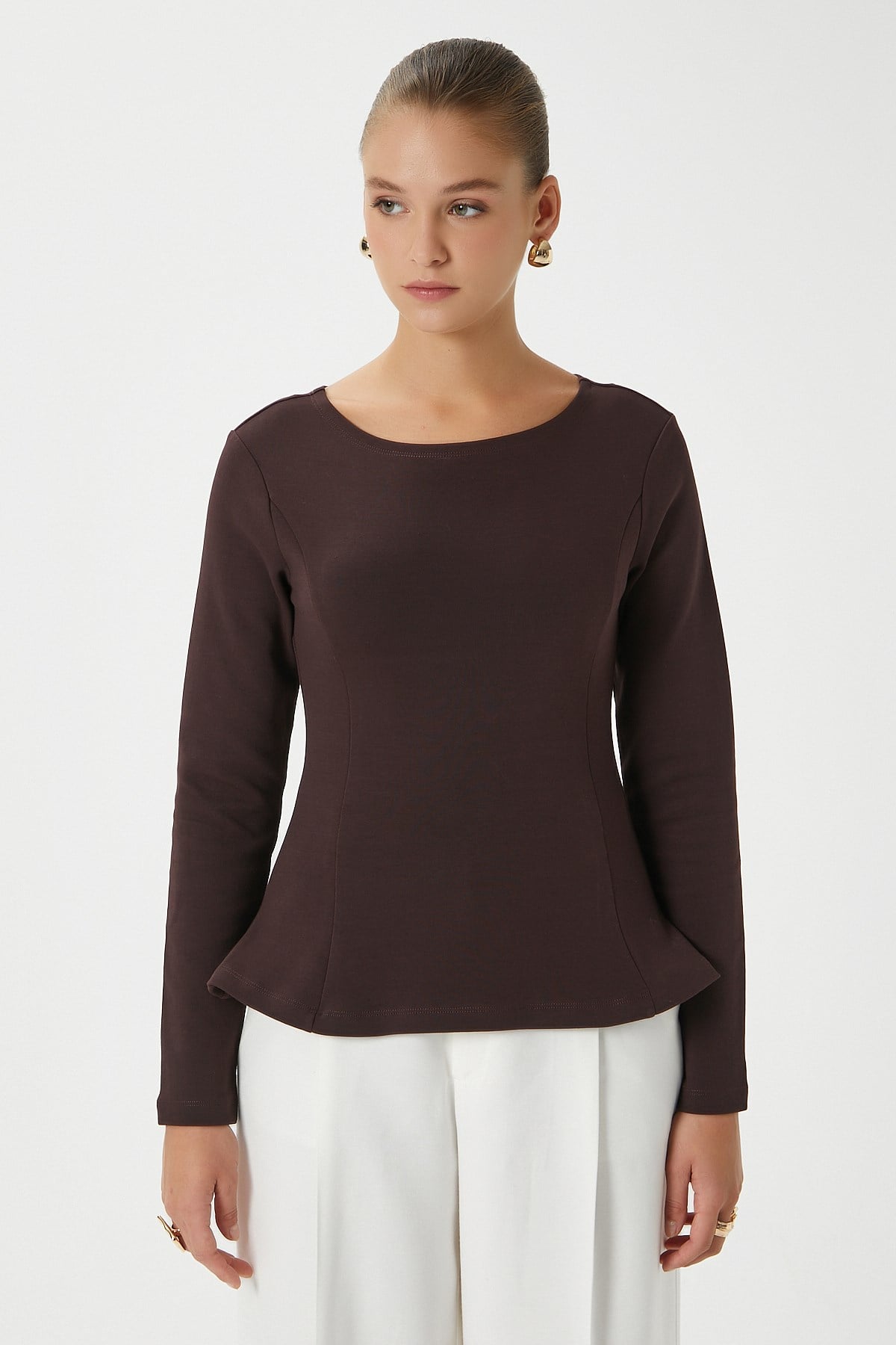 Kadın Runa Premium Kahverengi Peplum Bluz