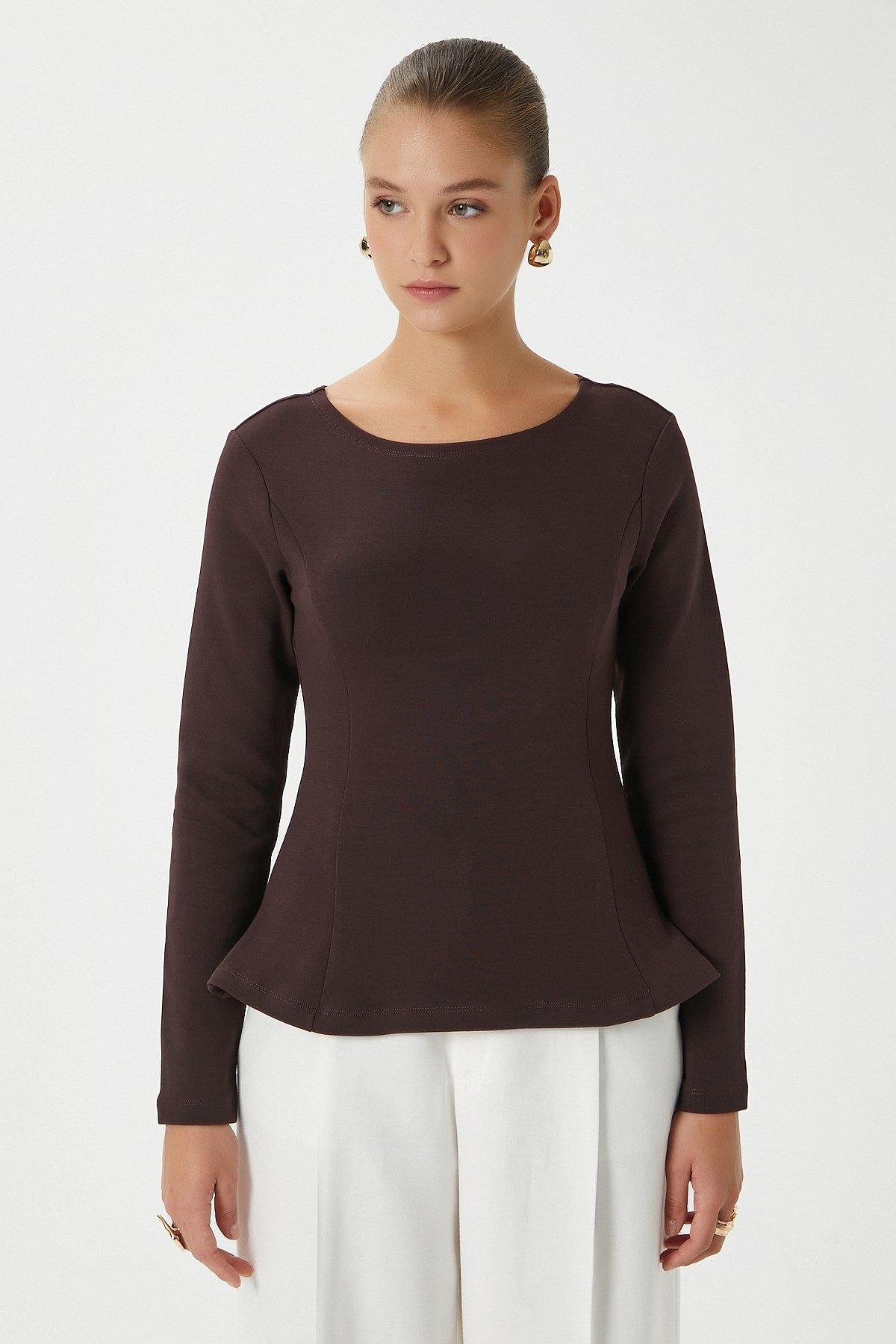 Kadın Runa Premium Kahverengi Peplum Bluz