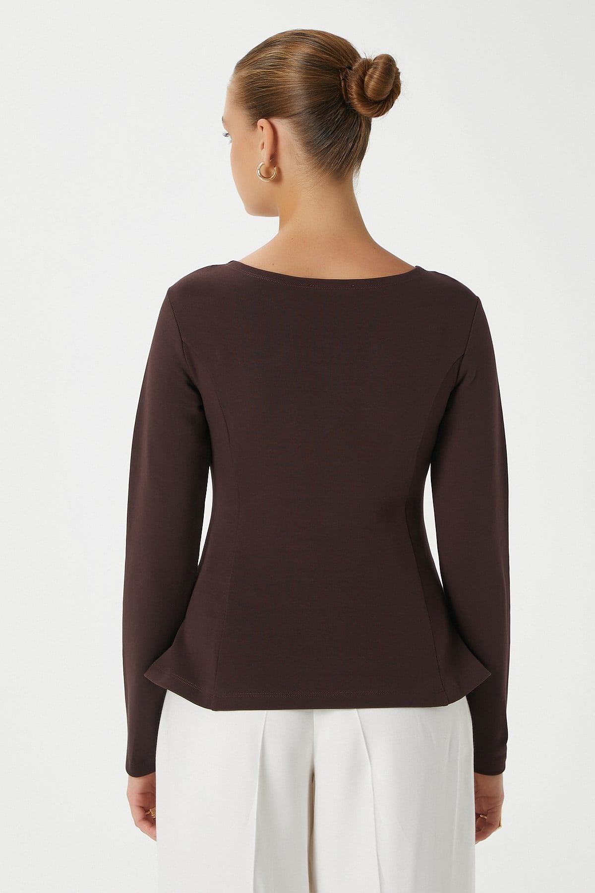 Kadın Runa Premium Kahverengi Peplum Bluz
