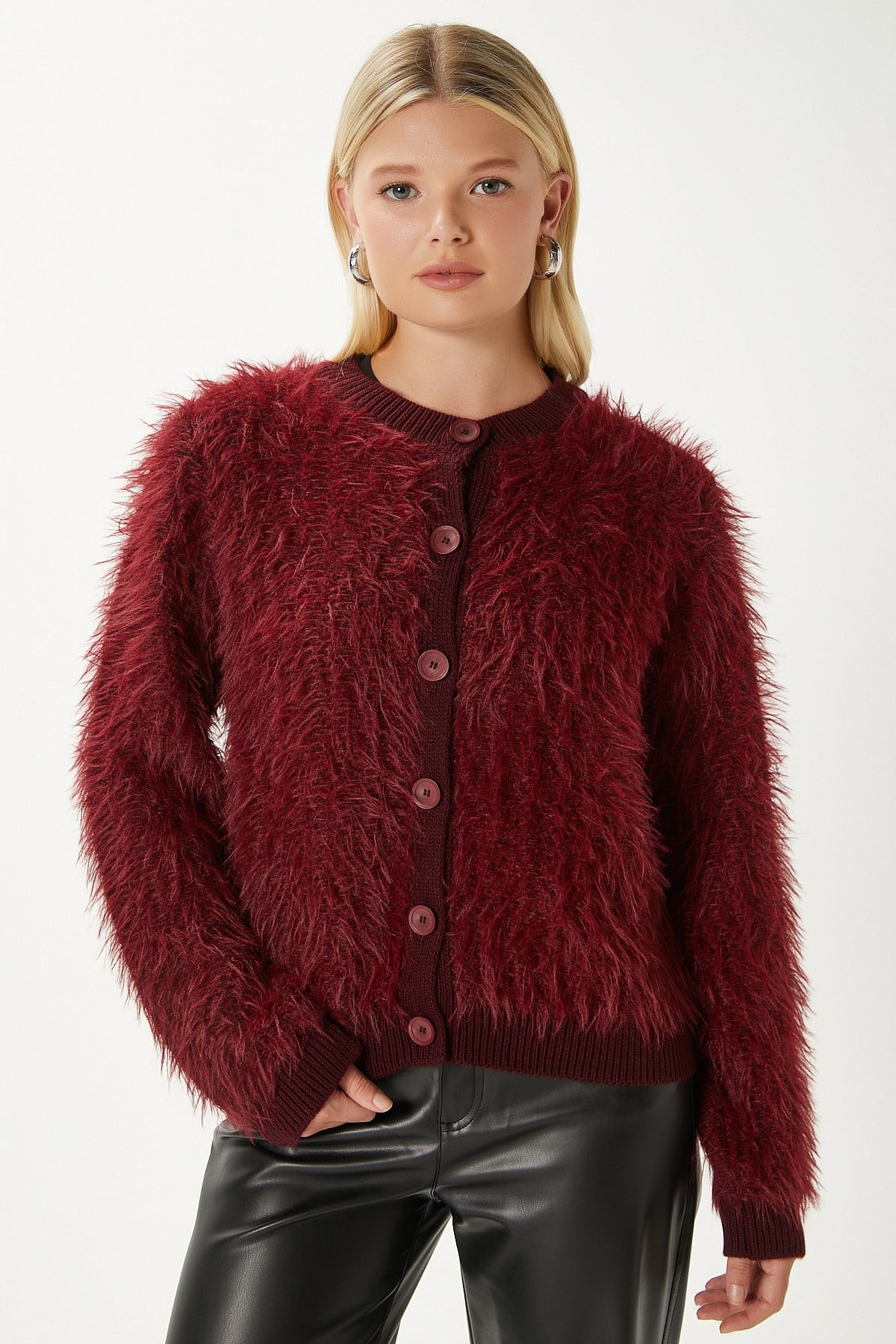 Kadın Rush Yumuşak Sakallı Bordo Bisiklet Yaka Triko Hırka WS-07226