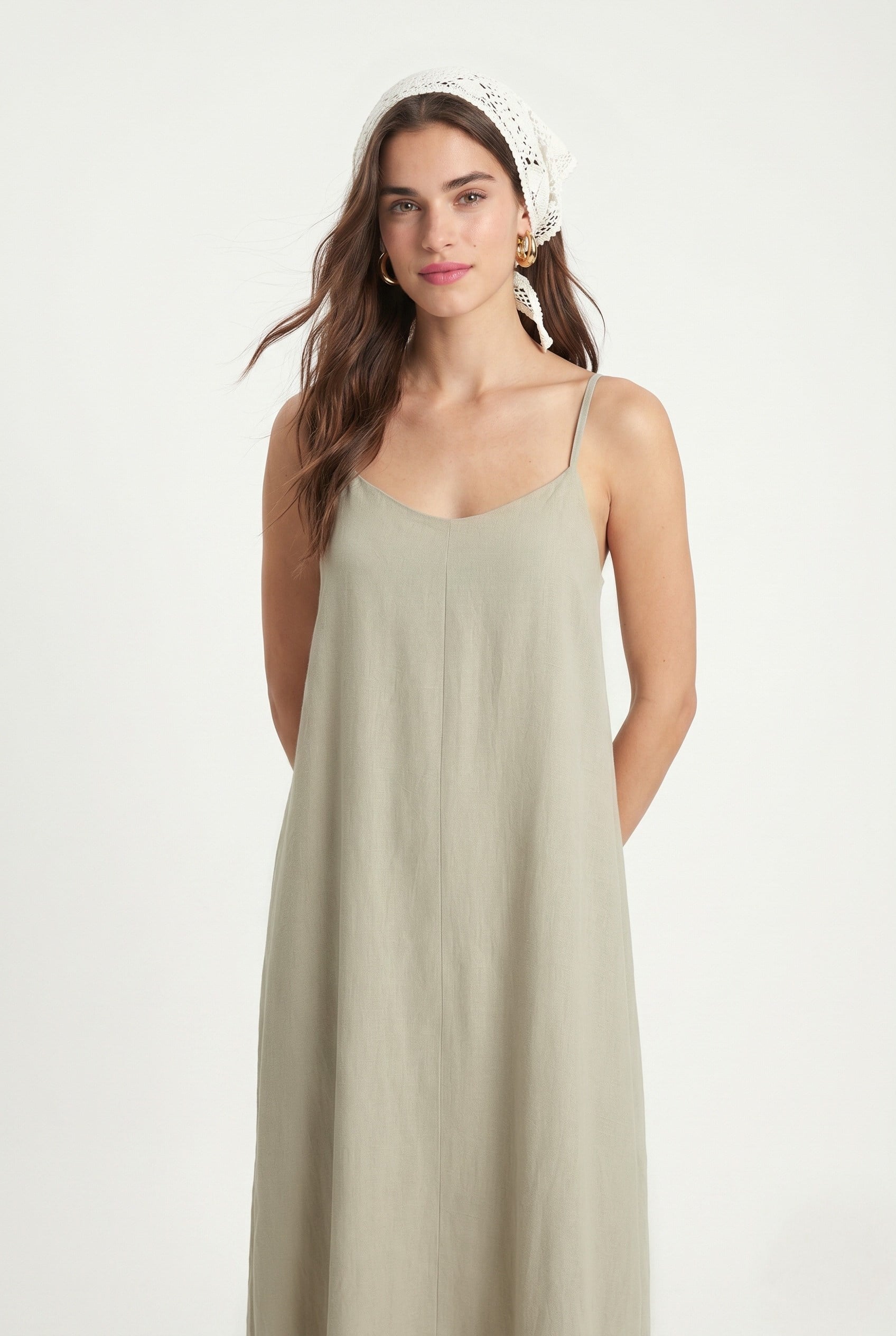 Kadın Sand Ayarlanabilir Askılı Yumuşak Dokulu Rahat Çağla Yeşili Dokuma Uzun Elbise