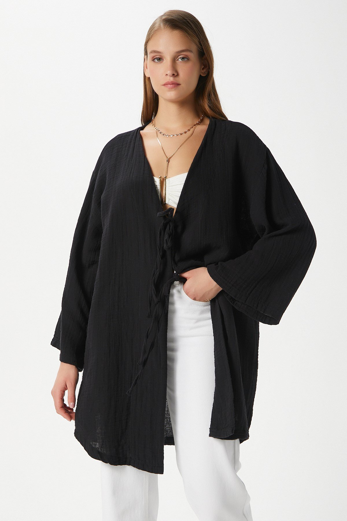 Kadın Sandra %100 Pamuk Müslin Bağcıklı Siyah Kimono