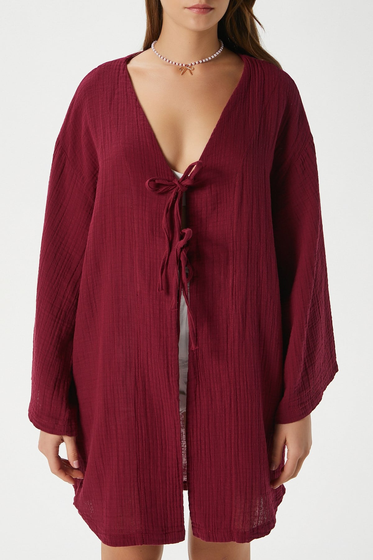 Kadın Sandra %100 Pamuk Müslin Bağcıklı Bordo Kimono