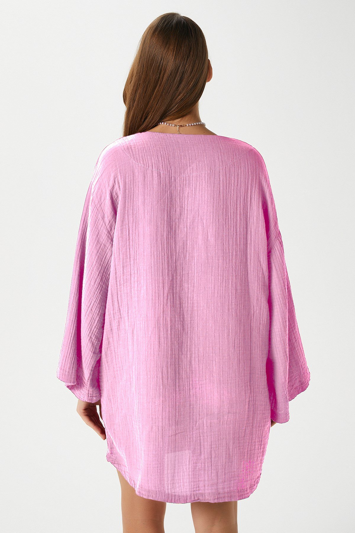 Kadın Sandra %100 Pamuk Müslin Bağcıklı Pembe Kimono