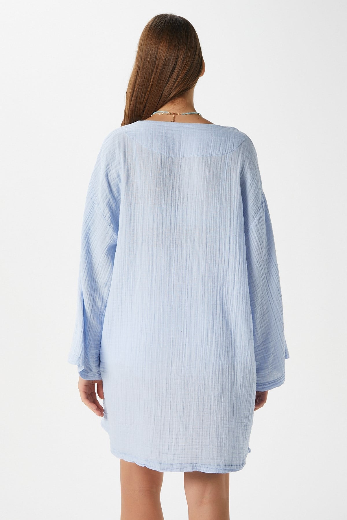 Kadın Sandra %100 Pamuk Müslin Bağcıklı Mavi Kimono