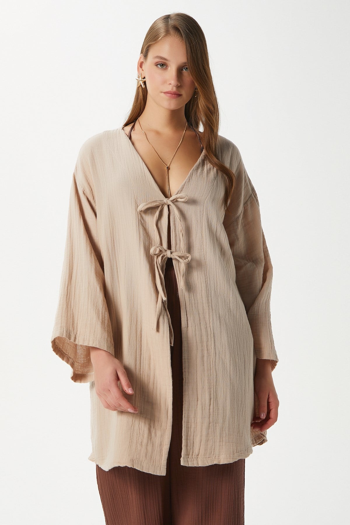 Kadın Sandra %100 Pamuk Müslin Bağcıklı Bej Kimono