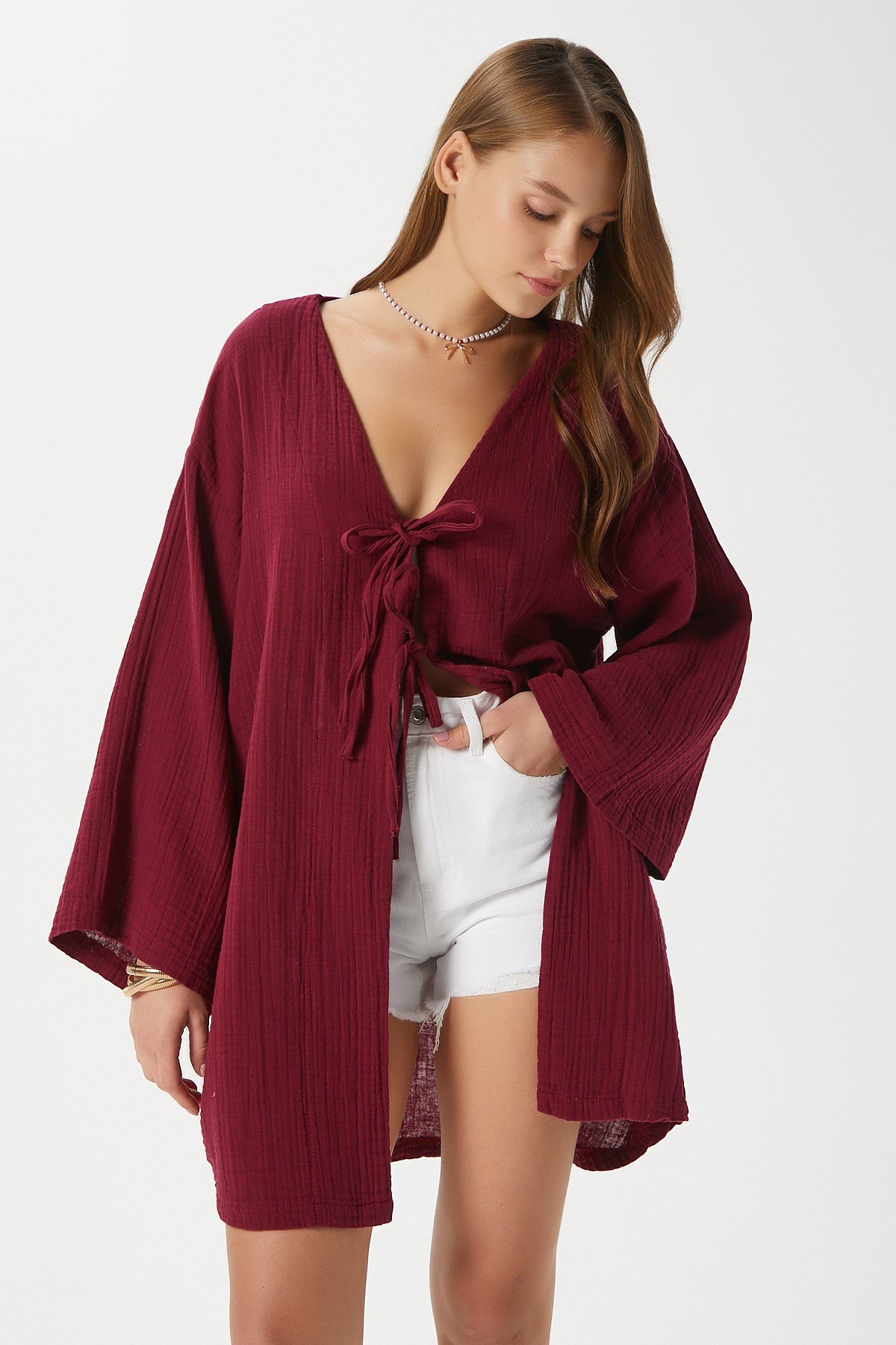 Kadın Sandra %100 Pamuk Müslin Bağcıklı Bordo Kimono