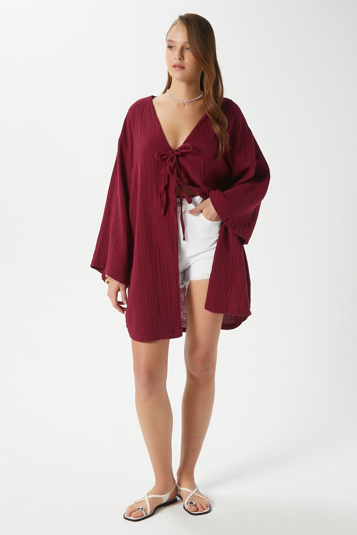 Kadın Sandra %100 Pamuk Müslin Bağcıklı Bordo Kimono
