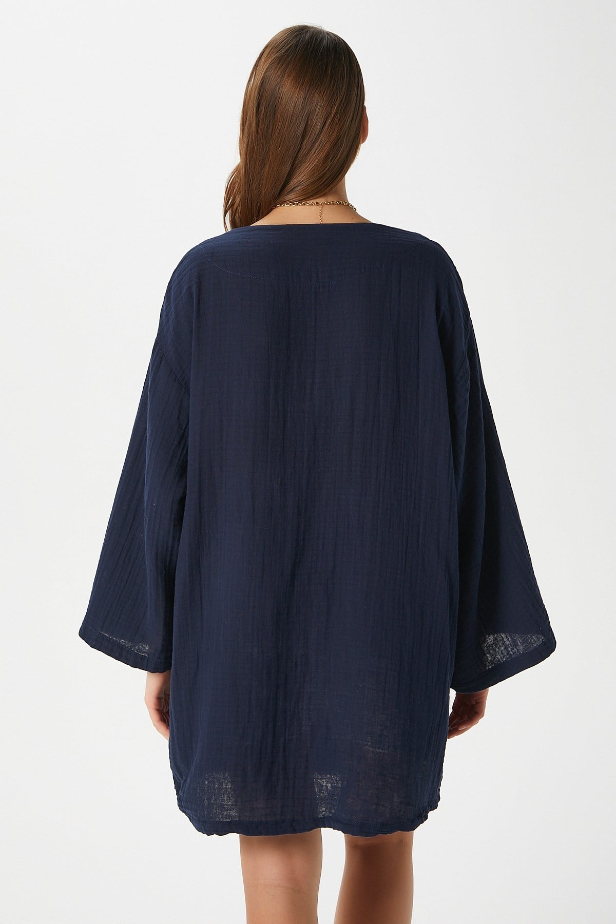 Kadın Sandra %100 Pamuk Müslin Bağcıklı Lacivert Kimono