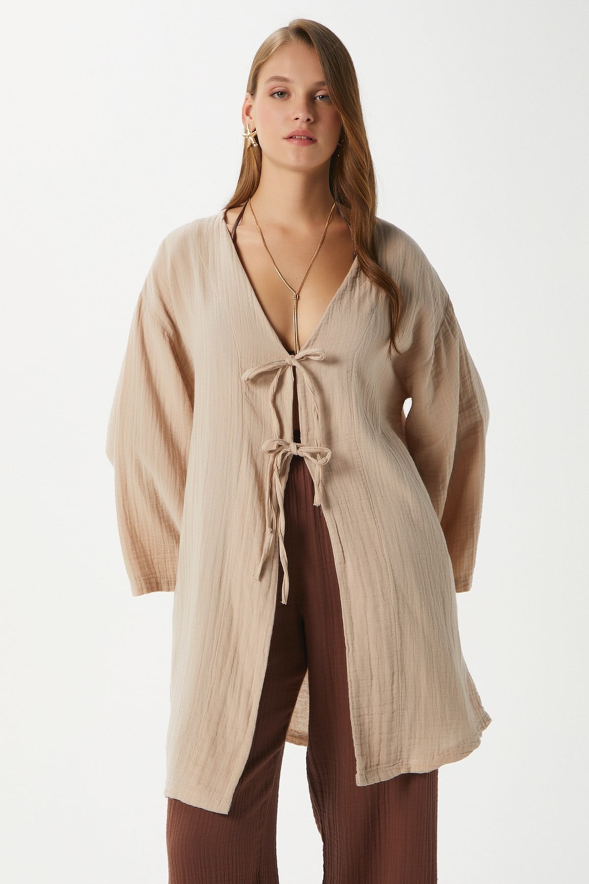 Kadın Sandra %100 Pamuk Müslin Bağcıklı Bej Kimono