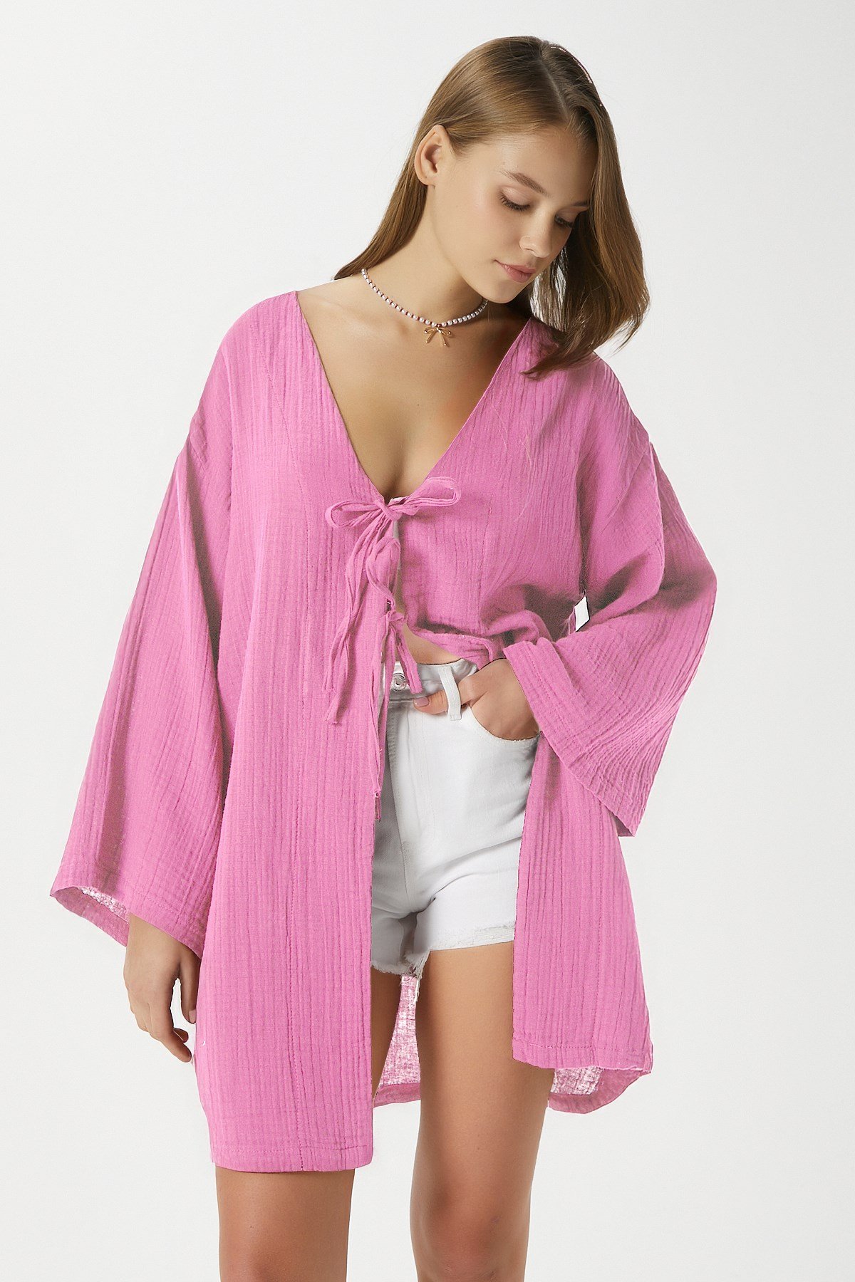 Kadın Sandra %100 Pamuk Müslin Bağcıklı Pembe Kimono