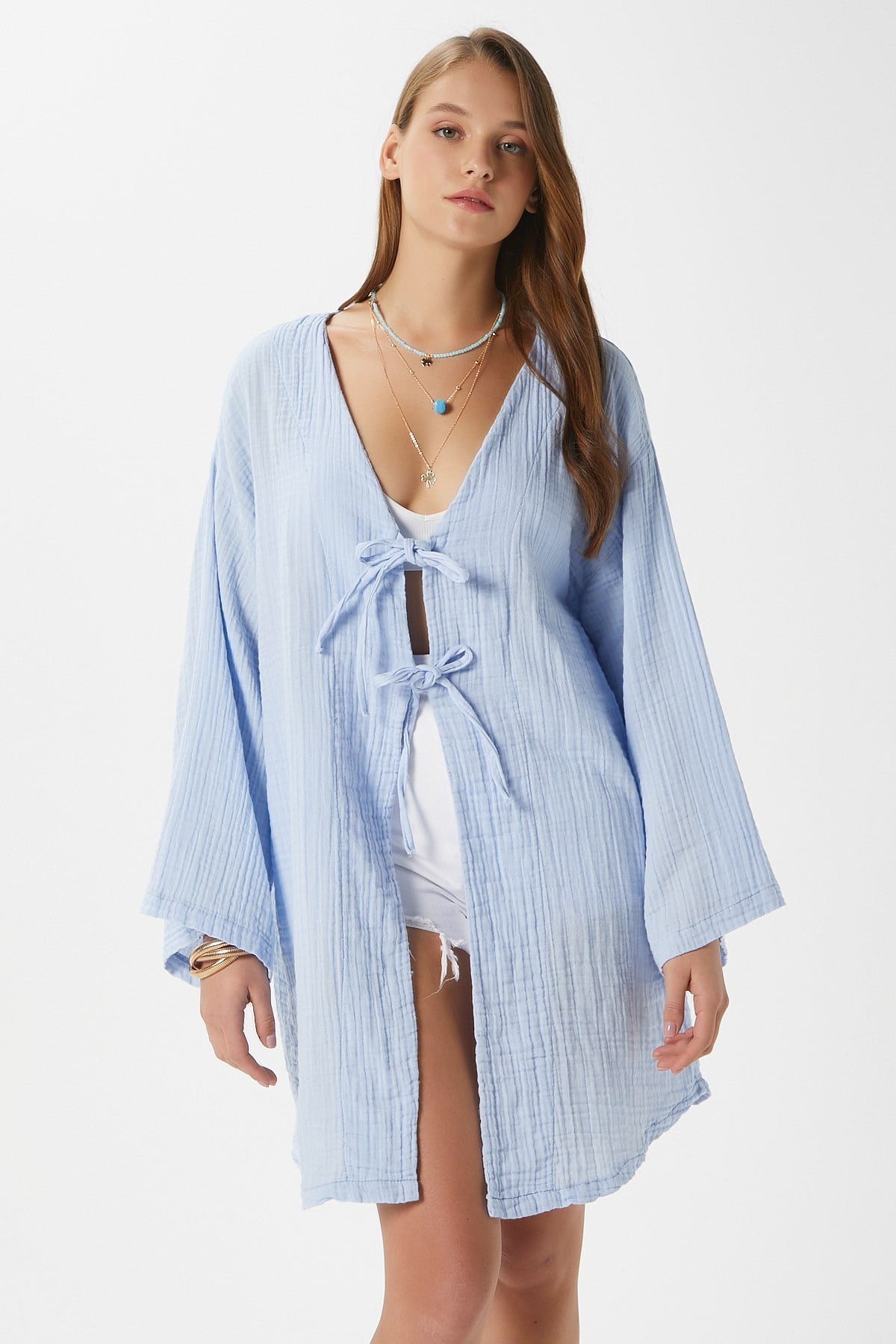 Kadın Sandra %100 Pamuk Müslin Bağcıklı Mavi Kimono
