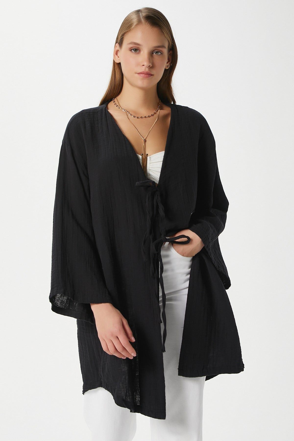 Kadın Sandra %100 Pamuk Müslin Bağcıklı Siyah Kimono
