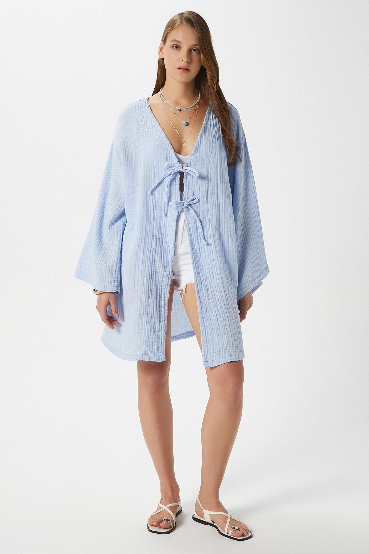 Kadın Sandra %100 Pamuk Müslin Bağcıklı Mavi Kimono