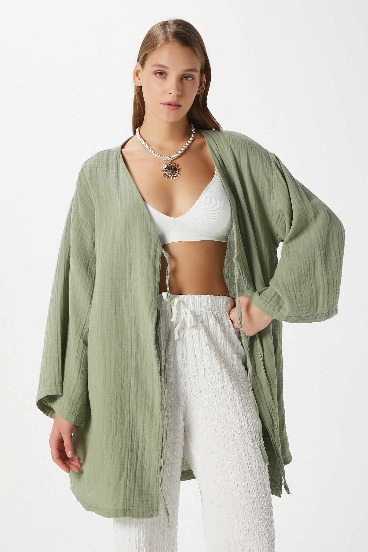 Kadın Sandra %100 Pamuk Müslin Bağcıklı Haki Kimono