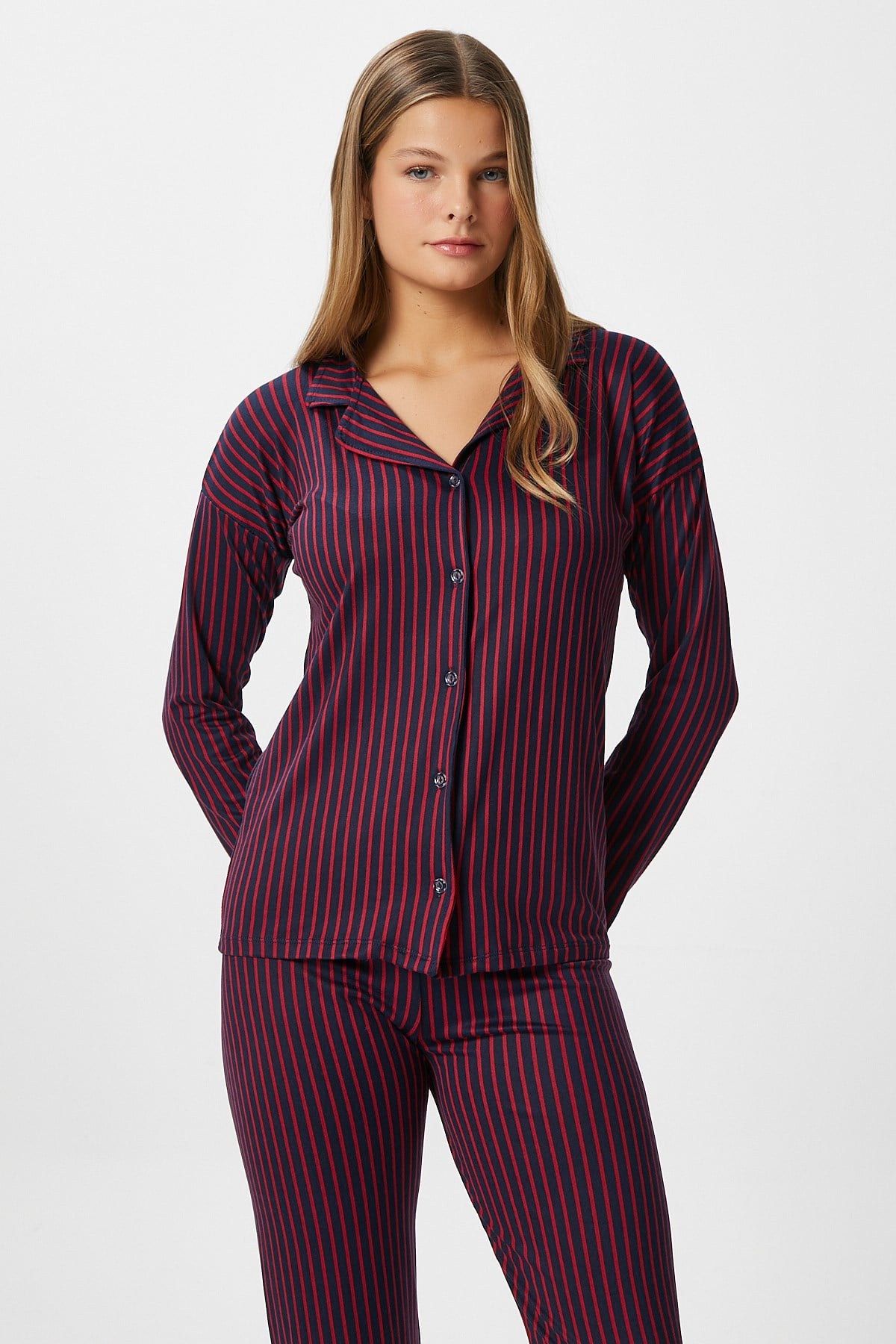 Kadın Secret Extra Soft Lacivert Bordo Çizgili Pijama Takımı