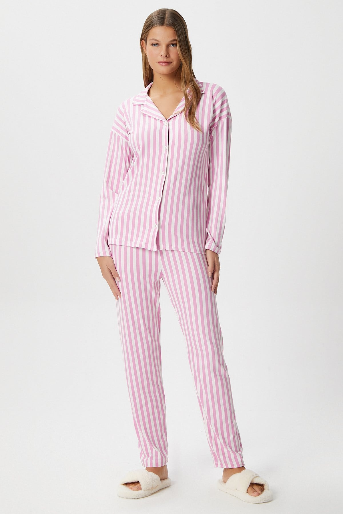 Kadın Secret Extra Soft Pembe Beyaz  Çizgili Pijama Takım
