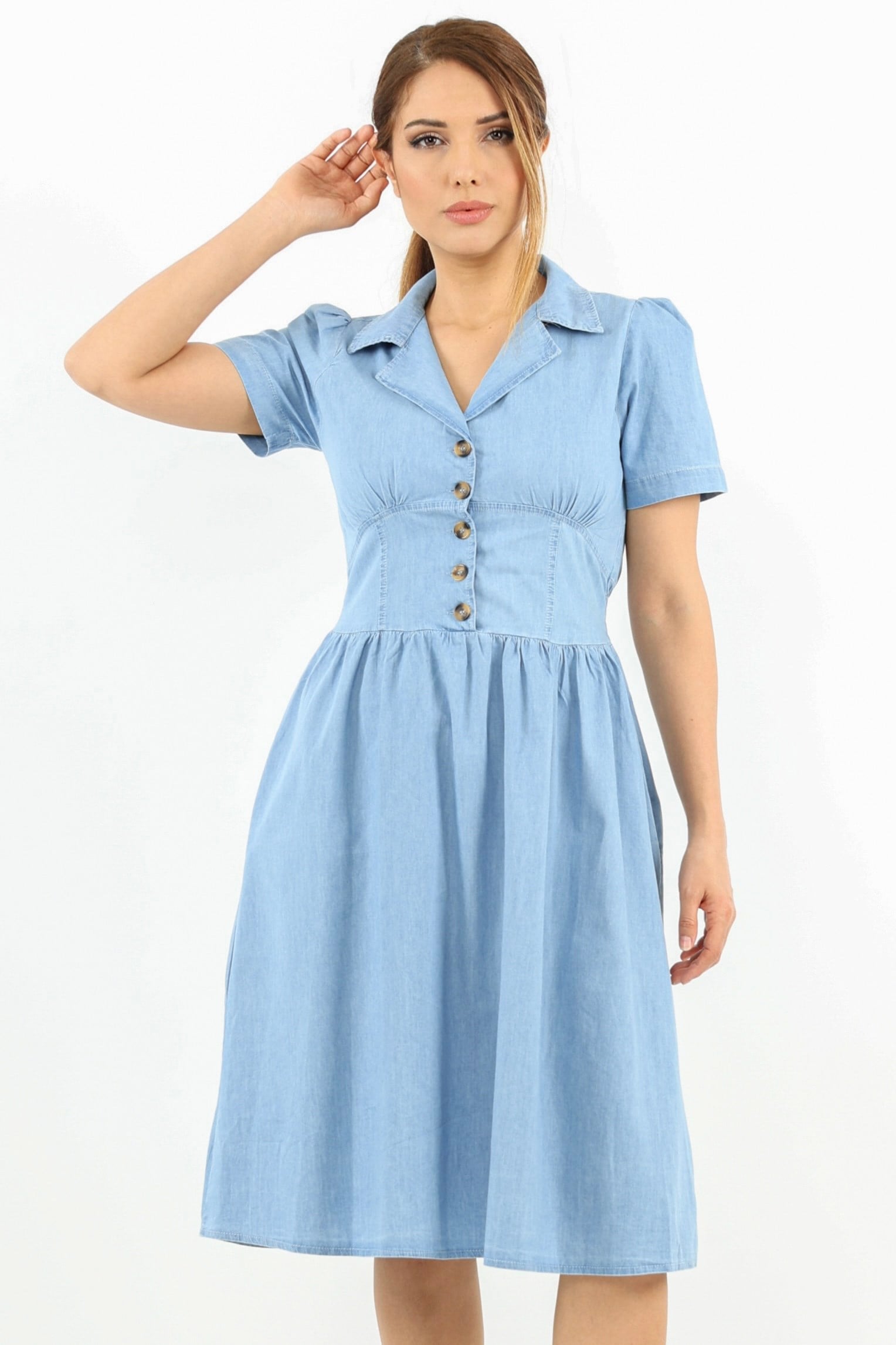Kadın Soft Denim Bel Lastikli Fior Açık Mavi İnce Pamuk Elbise