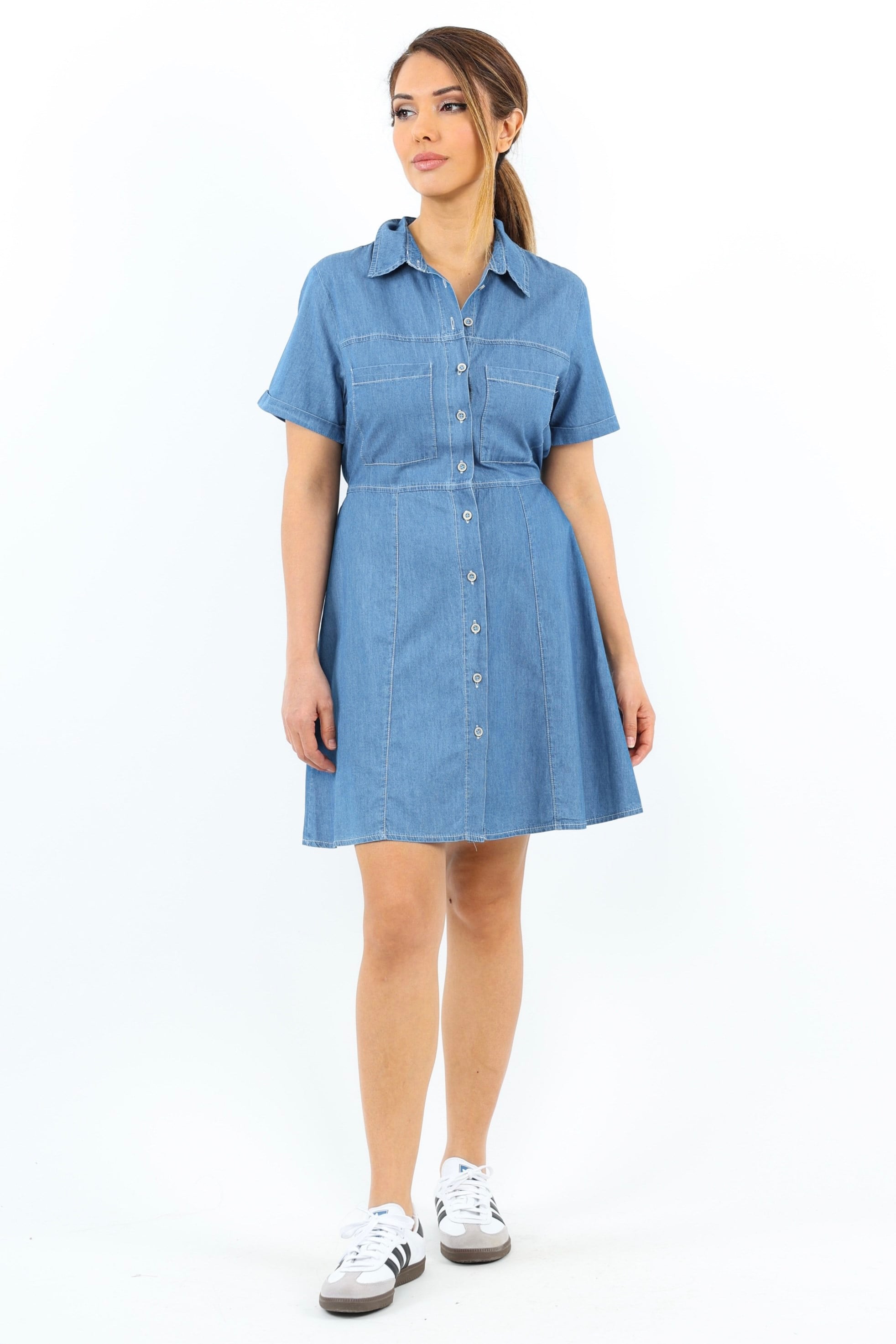 Kadın Soft Denim Bel Lastikli Serta Koyu Mavi İnce Pamuk Elbise