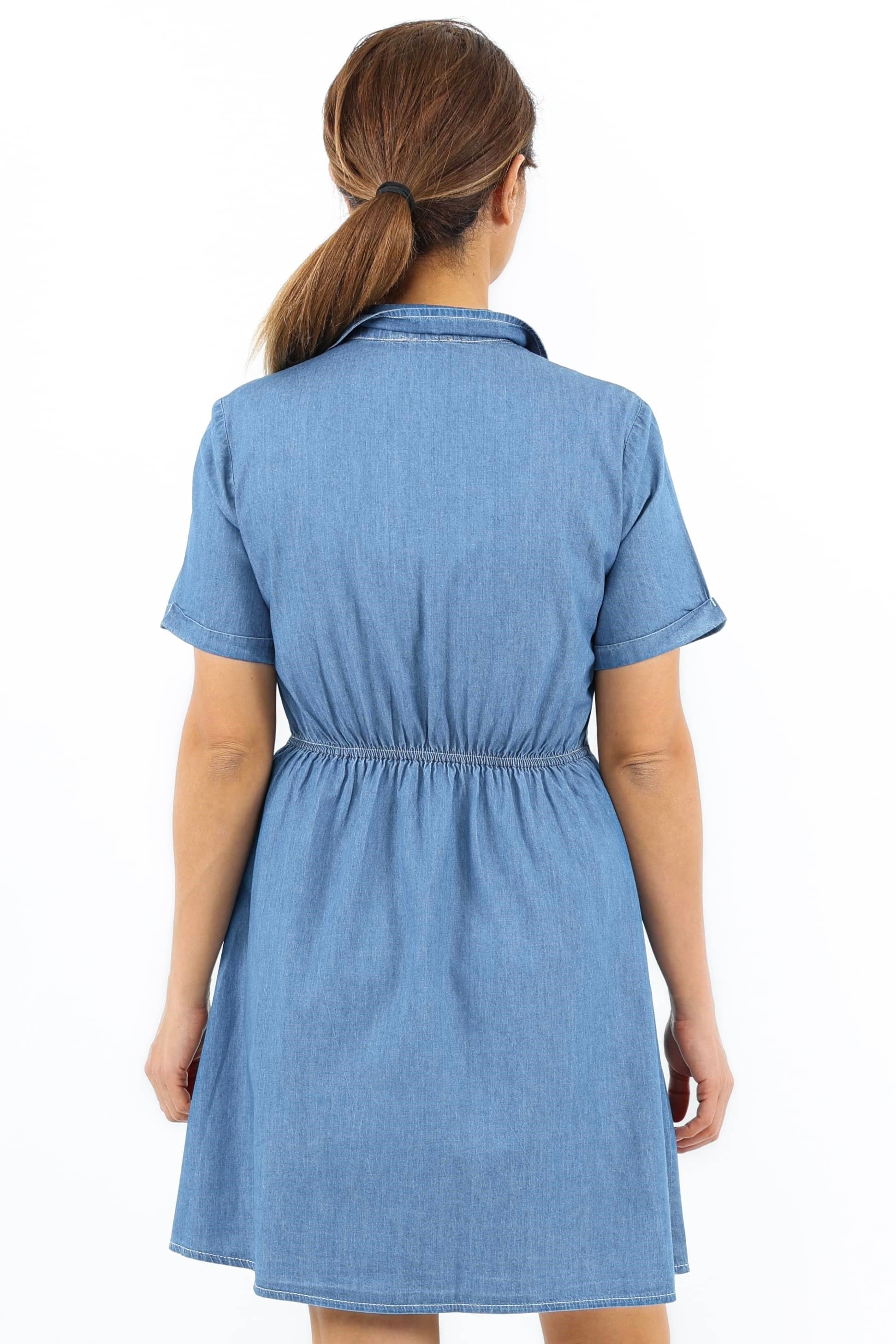 Kadın Soft Denim Bel Lastikli Serta Koyu Mavi İnce Pamuk Elbise
