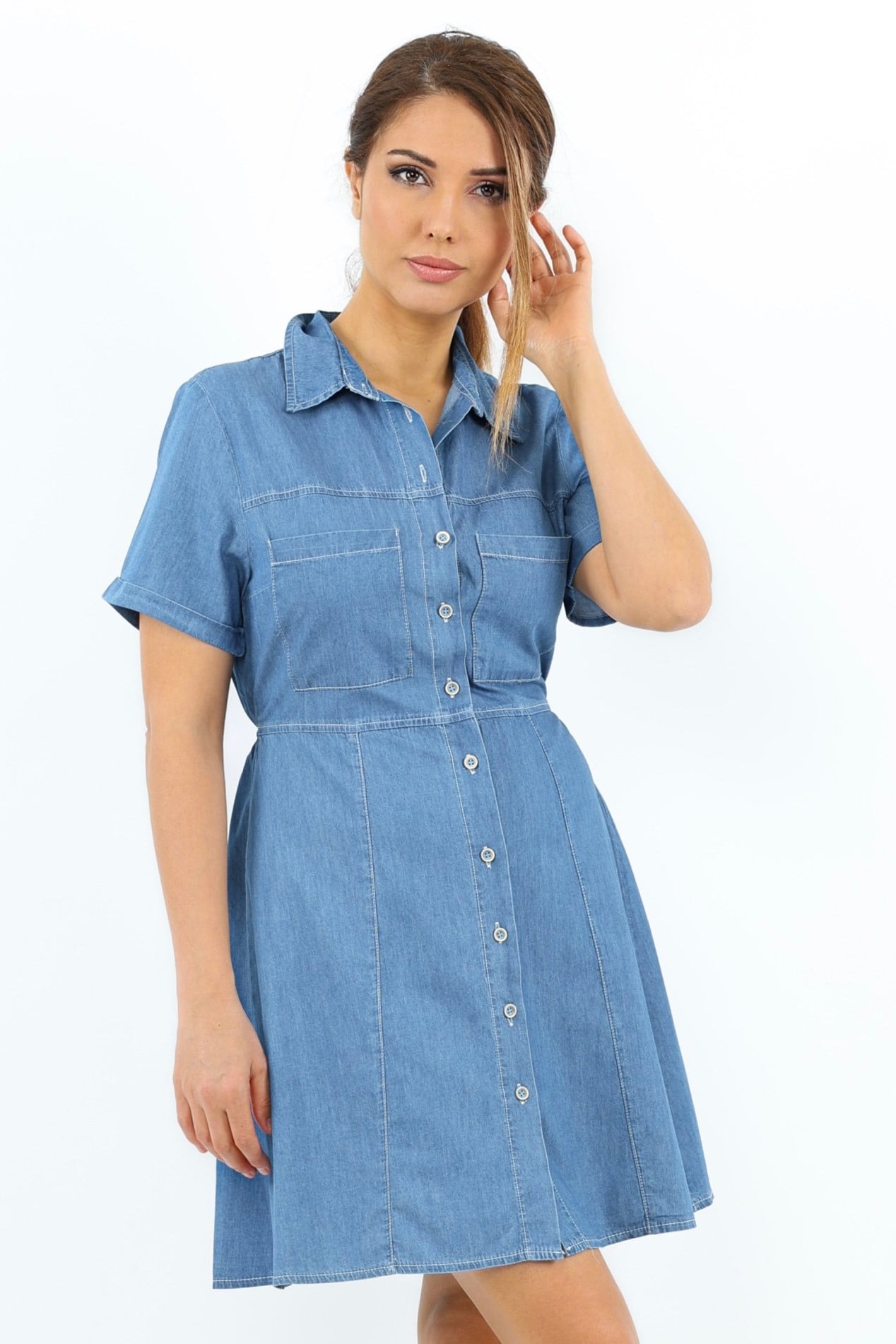 Kadın Soft Denim Bel Lastikli Serta Koyu Mavi İnce Pamuk Elbise