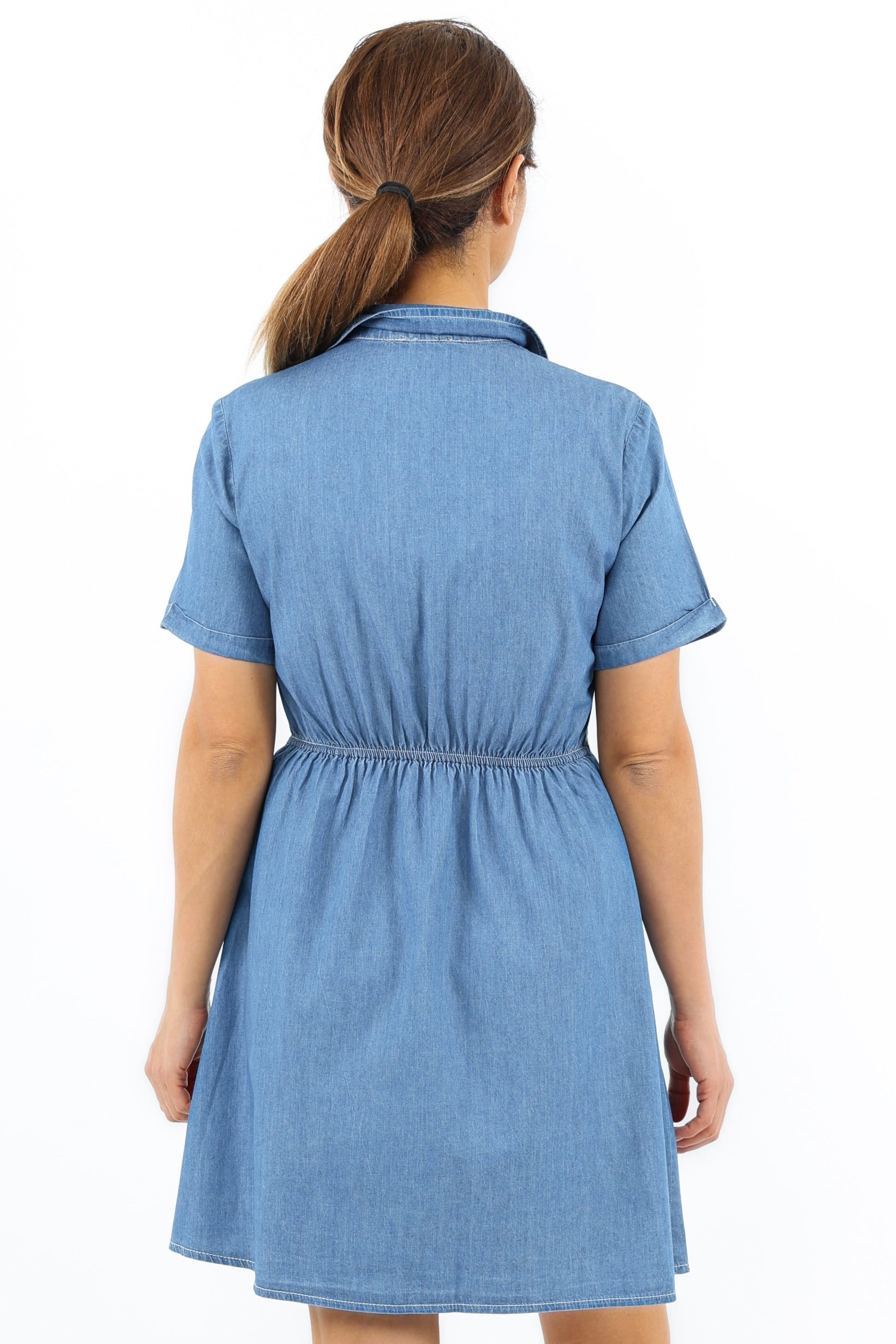 Kadın Soft Denim Bel Lastikli Serta Koyu Mavi İnce Pamuk Elbise