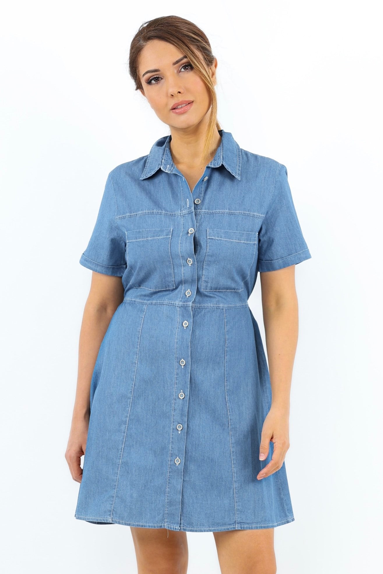 Kadın Soft Denim Bel Lastikli Serta Koyu Mavi İnce Pamuk Elbise