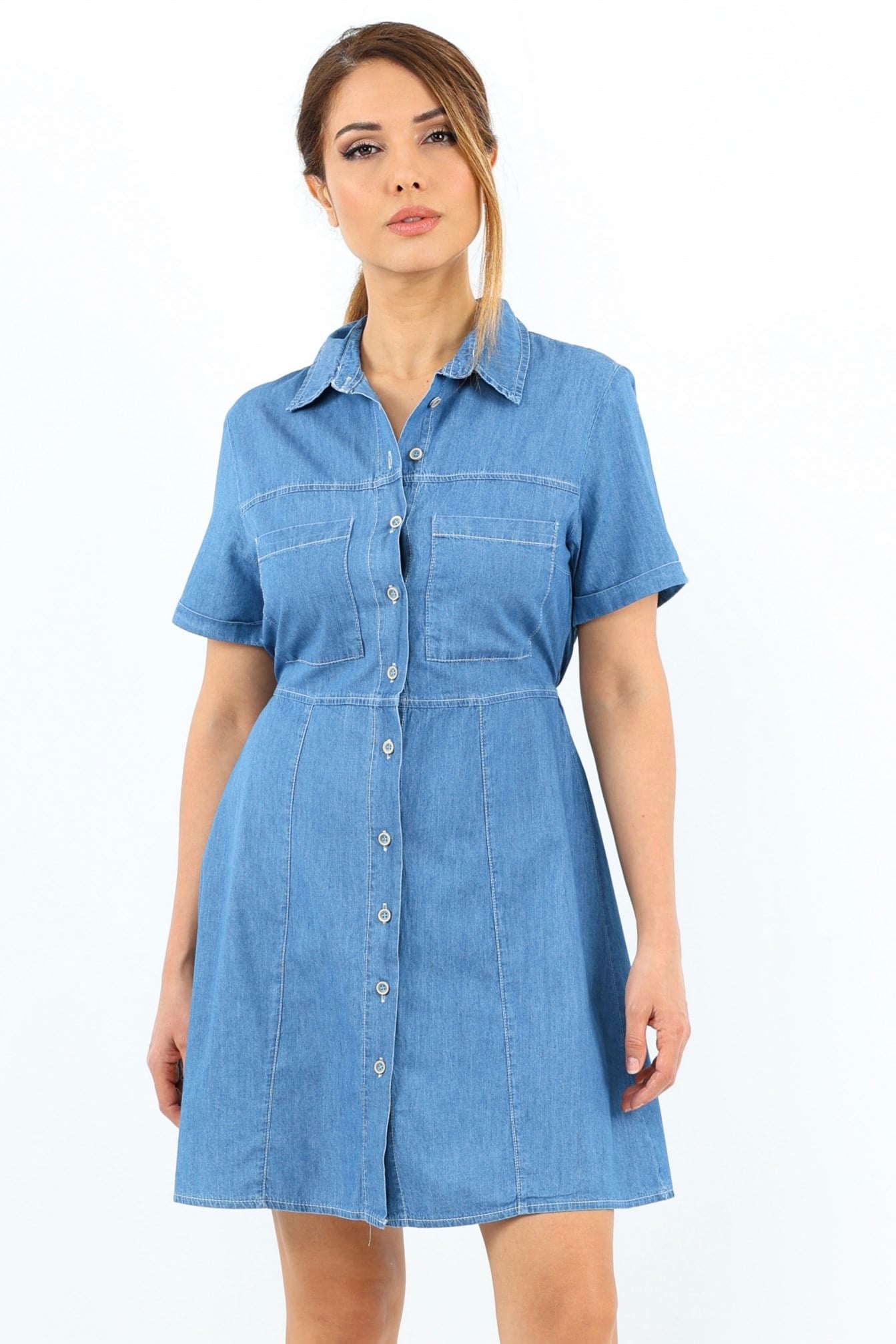 Kadın Soft Denim Bel Lastikli Serta Koyu Mavi İnce Pamuk Elbise