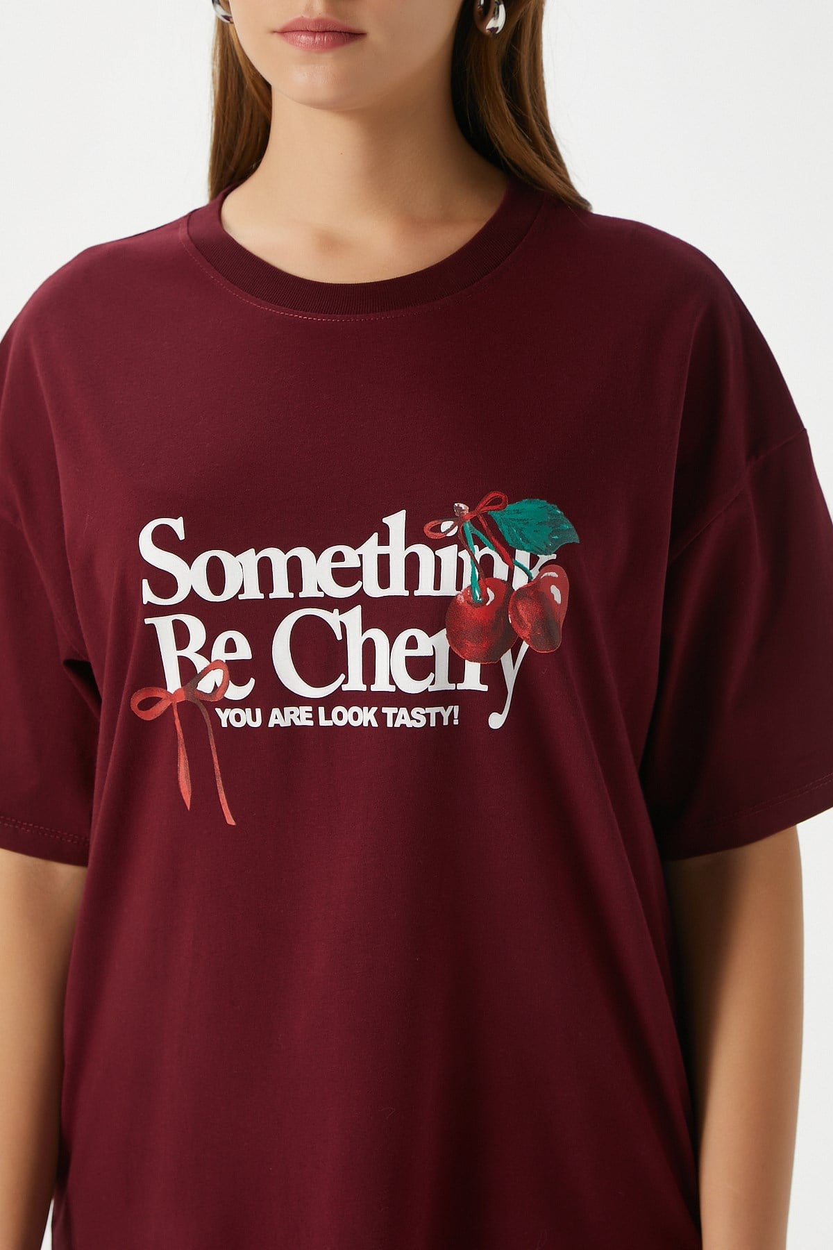Kadın Something Kiraz Baskılı Bordo Oversize T-Shirt