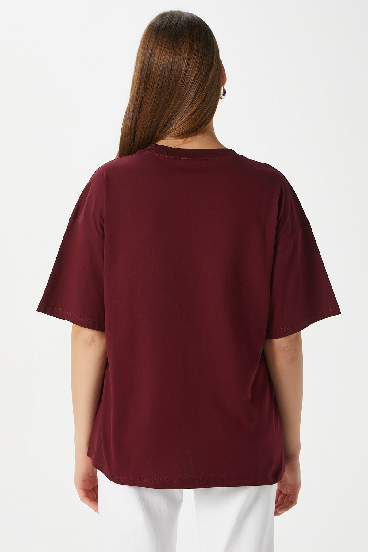 Kadın Something Kiraz Baskılı Bordo Oversize T-Shirt