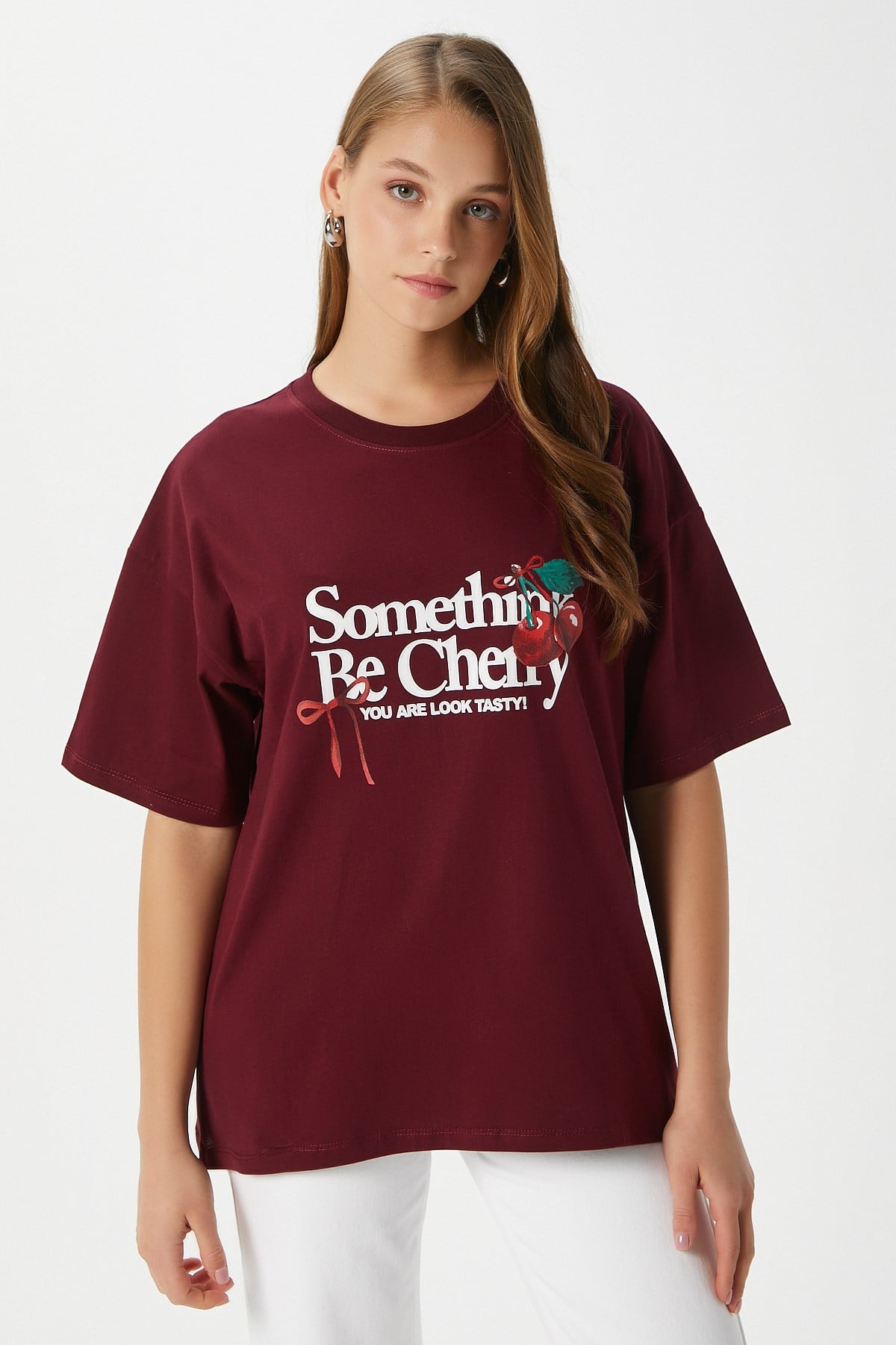 Kadın Something Kiraz Baskılı Bordo Oversize T-Shirt
