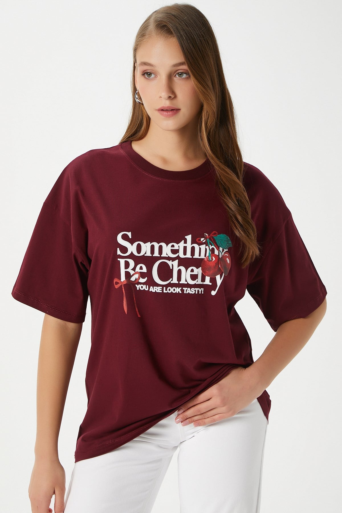 Kadın Something Kiraz Baskılı Bordo Oversize T-Shirt