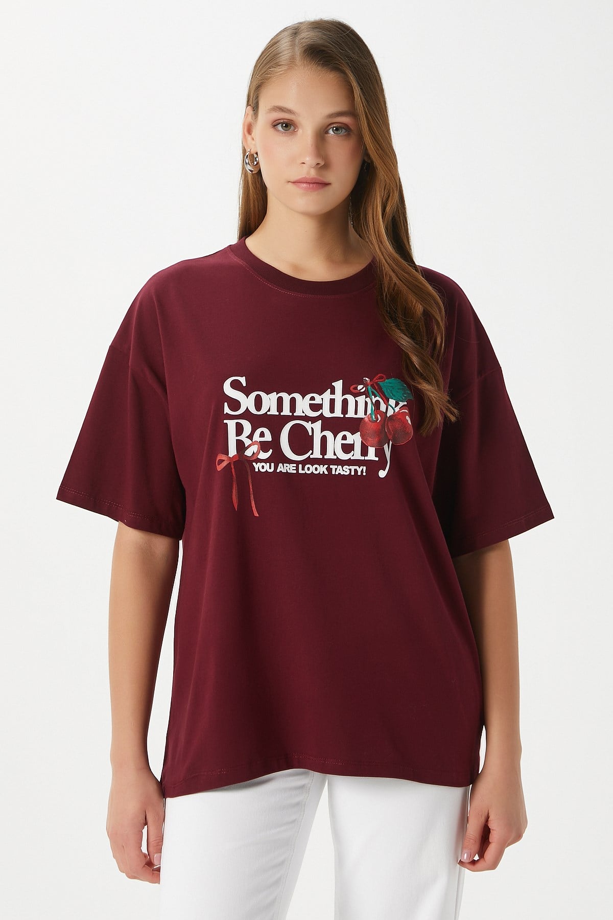 Kadın Something Kiraz Baskılı Bordo Oversize T-Shirt