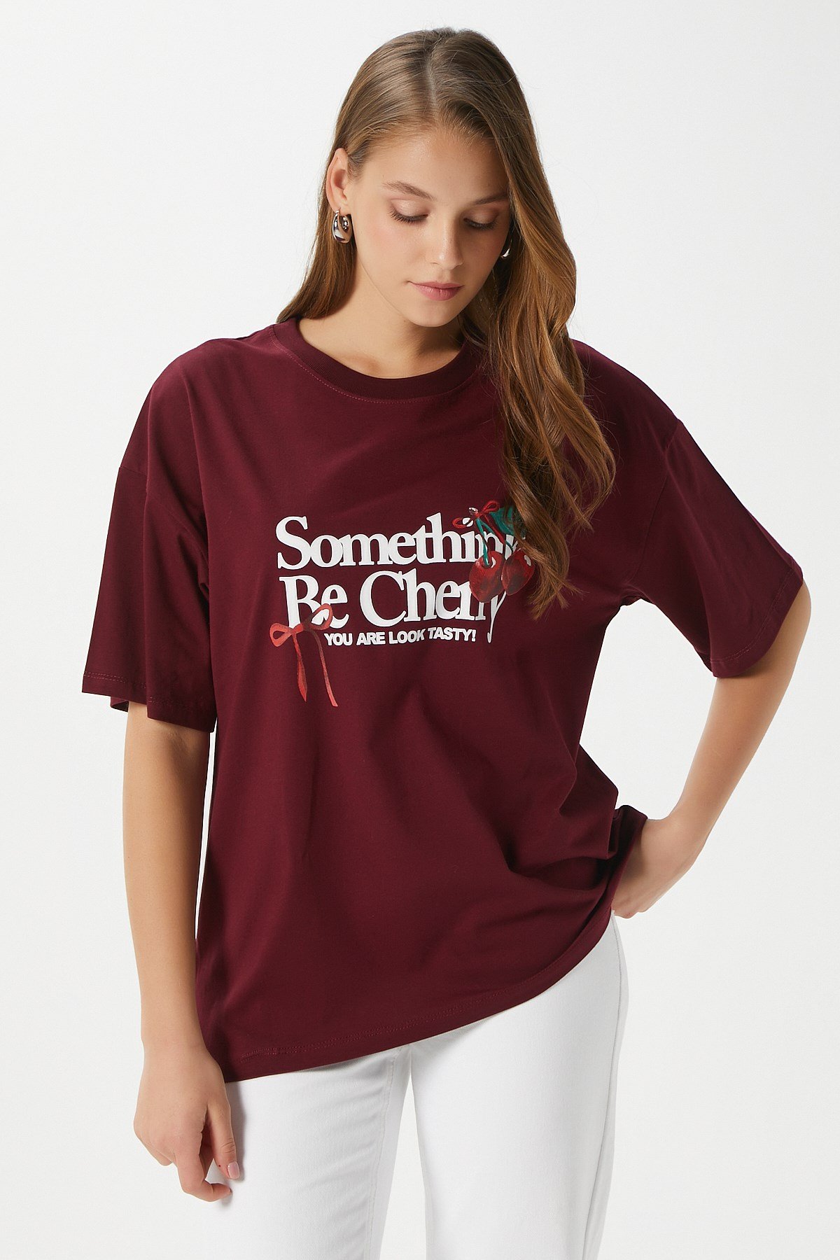 Kadın Something Kiraz Baskılı Bordo Oversize T-Shirt